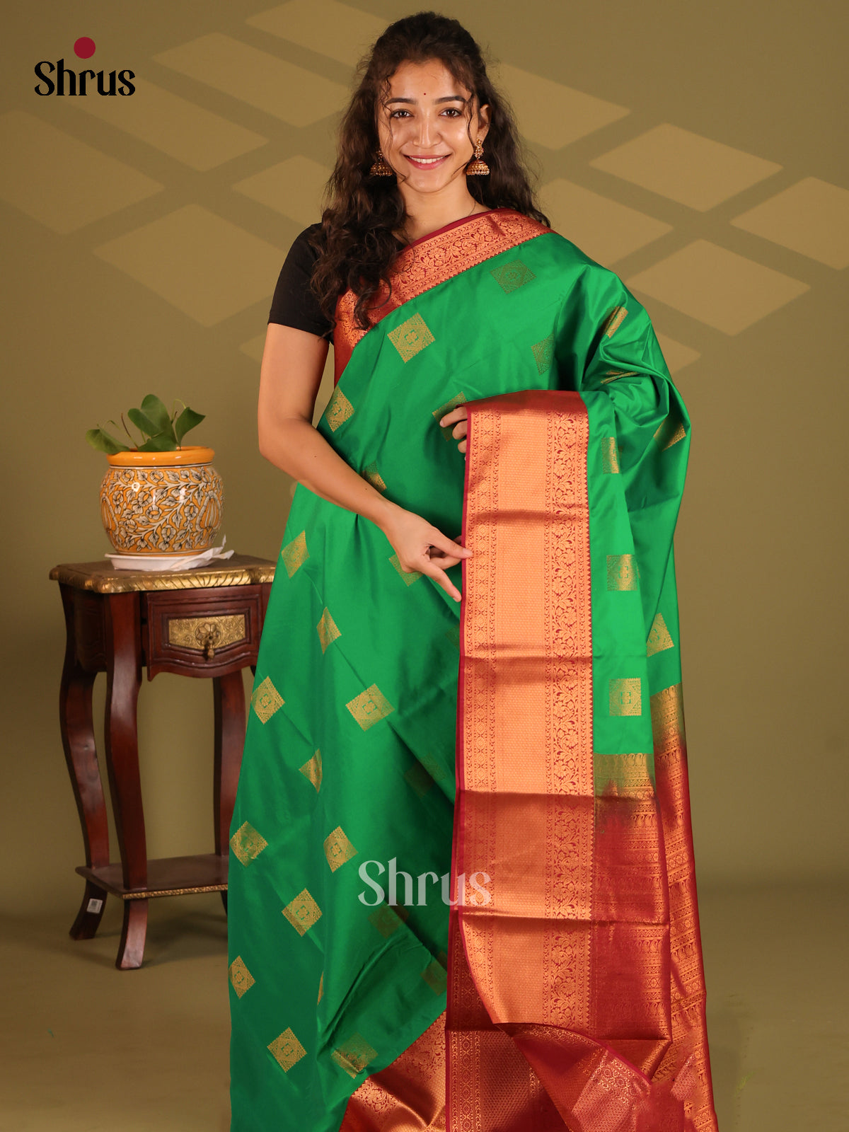 Green with Maroon- Semi Kanchipuram Saree - Shop on Shrus.com