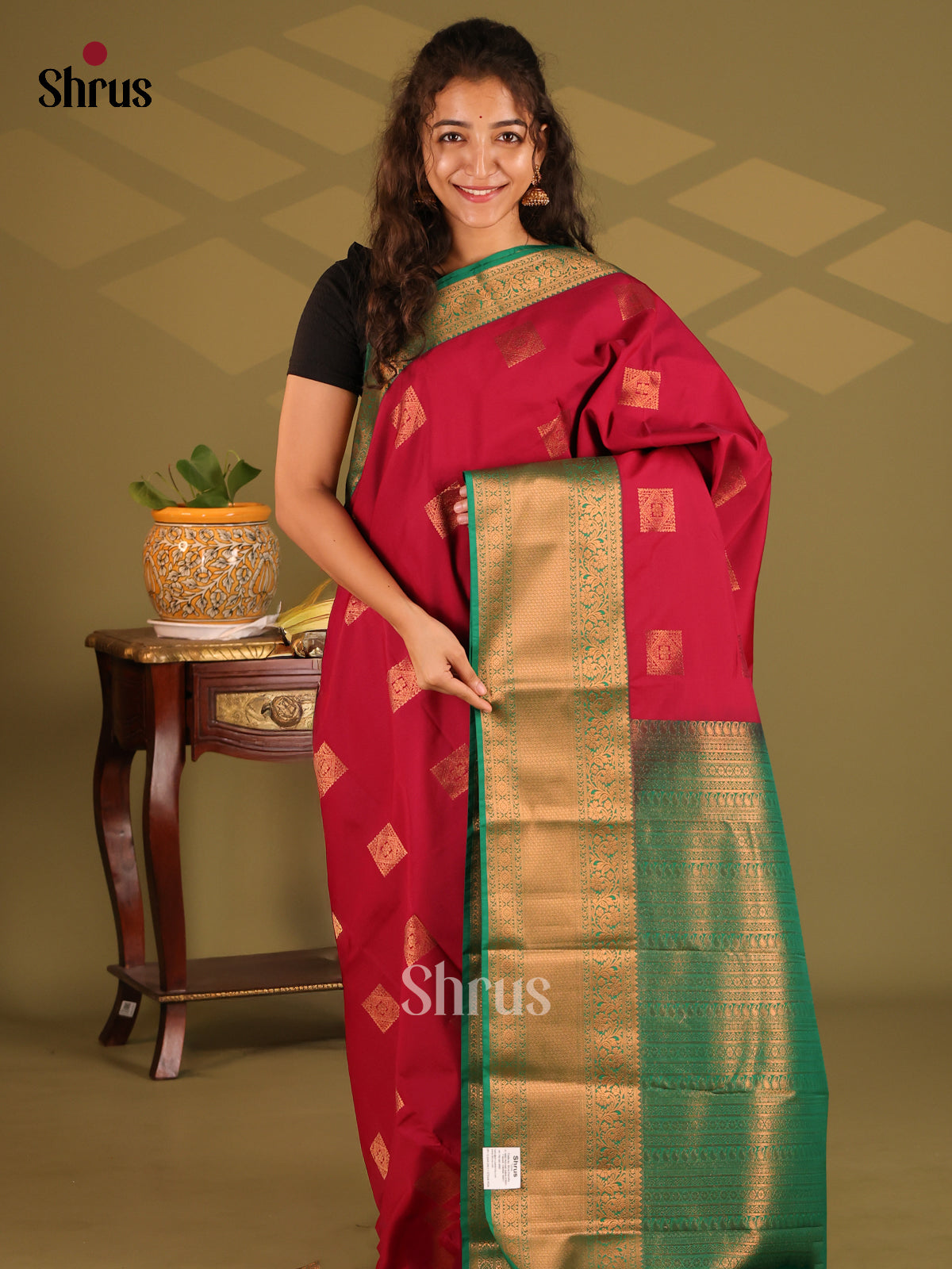 Maroon with Green- Semi Kanchipuram Saree - Shop on Shrus.com