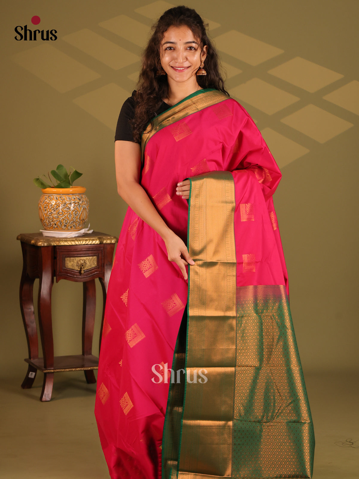 Pink with Green- Semi Kanchipuram Saree - Shop on Shrus.com