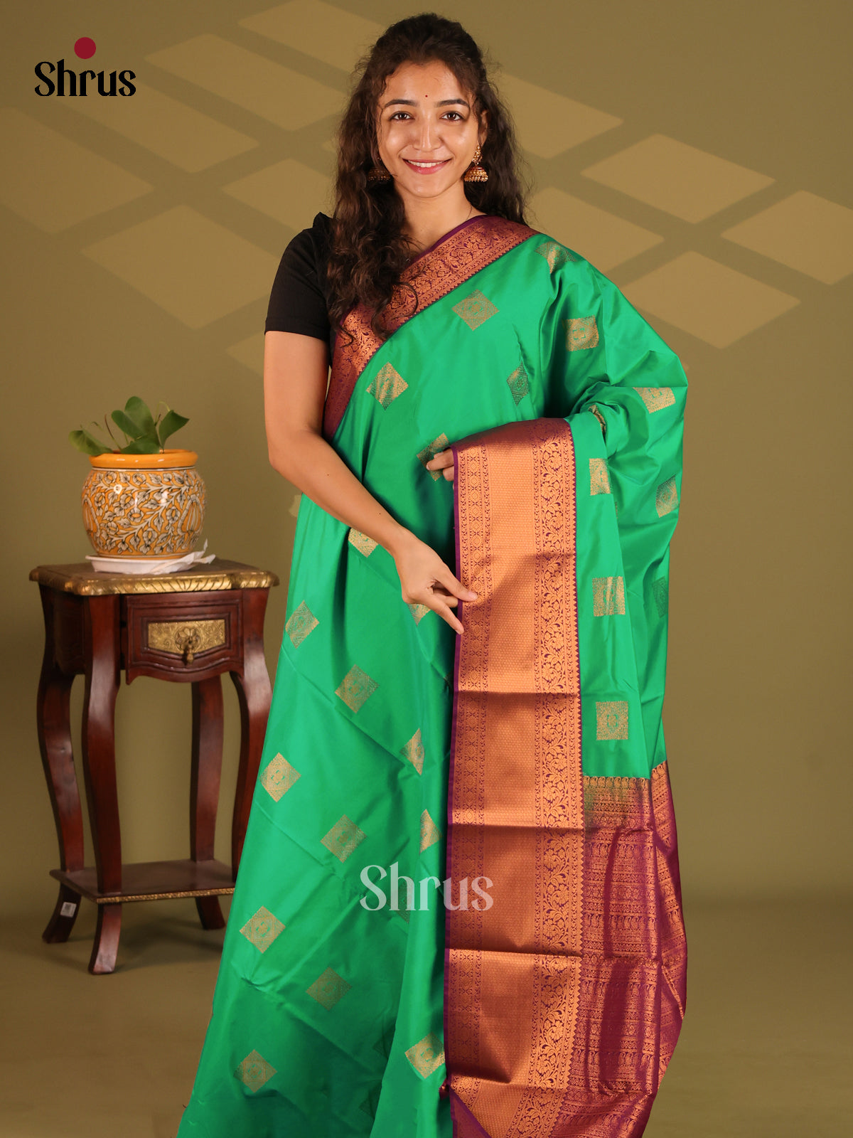 Green with Purple - Semi Kanchipuram Saree - Shop on Shrus.com