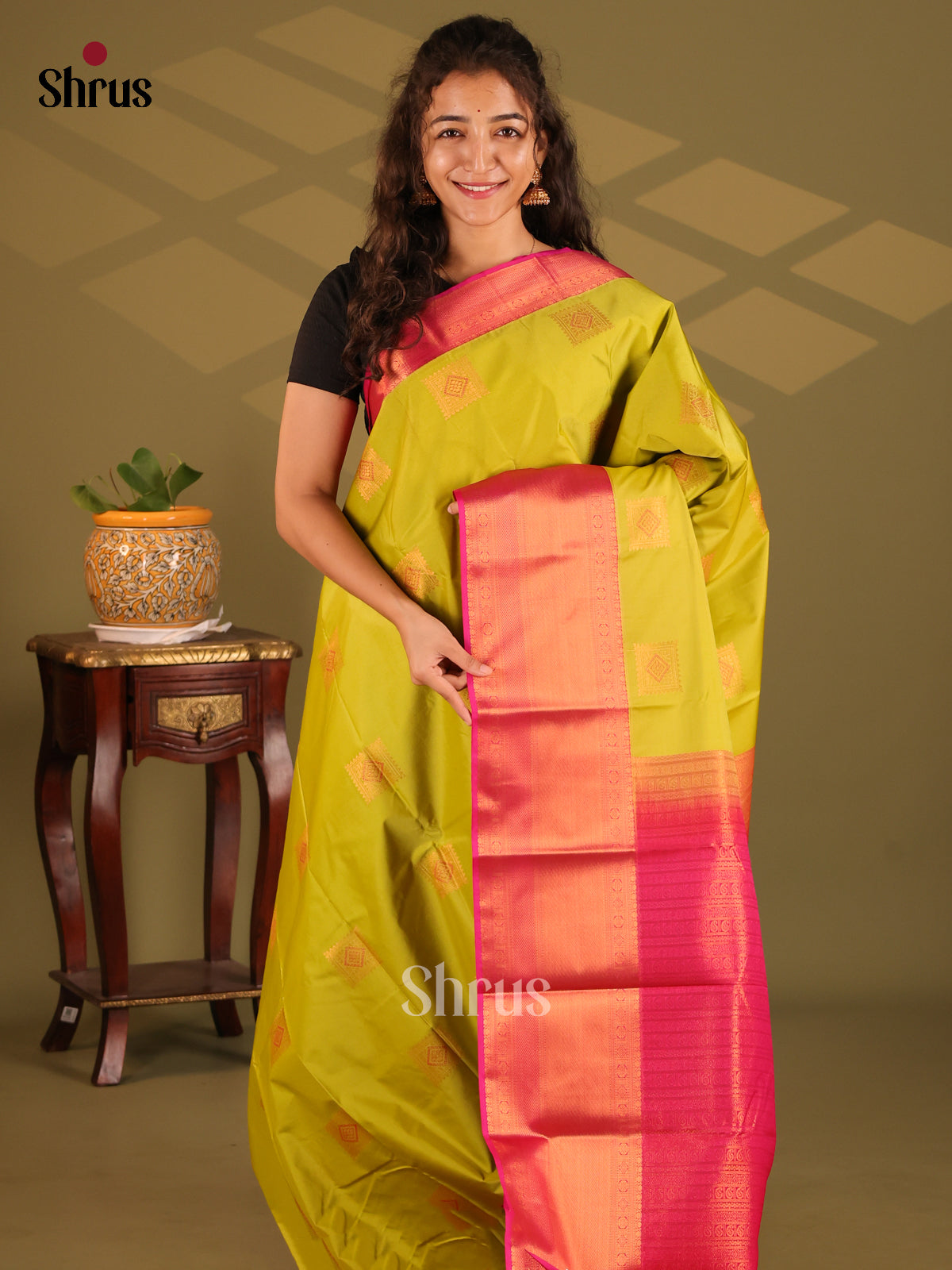 Lite green with Maroon- Semi Kanchipuram Saree - Shop on Shrus.com