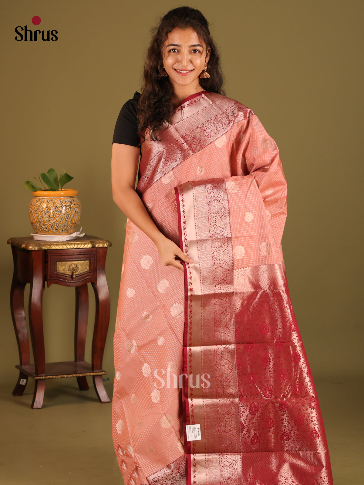 Peach with Maroon - Semi Kanchipuram Saree - Shop on Shrus.com