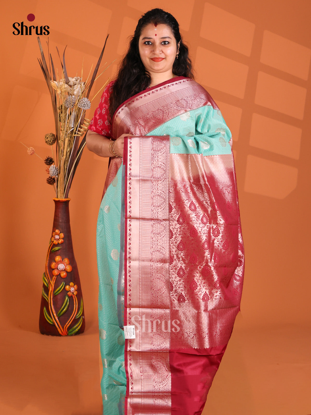 Pastel Blue & Maroon - Semi Kanchipuram Saree - Shop on Shrus.com