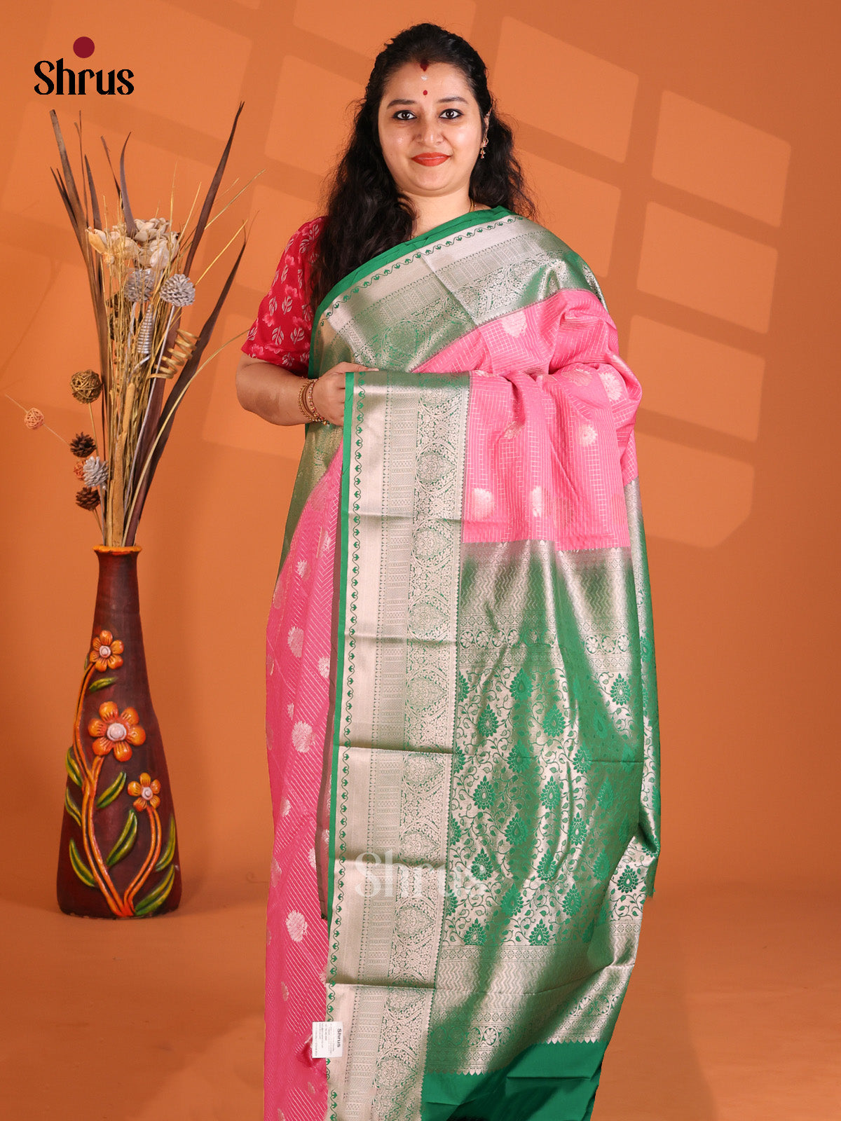 Pink with Green- Semi Kanchipuram Saree - Shop on Shrus.com