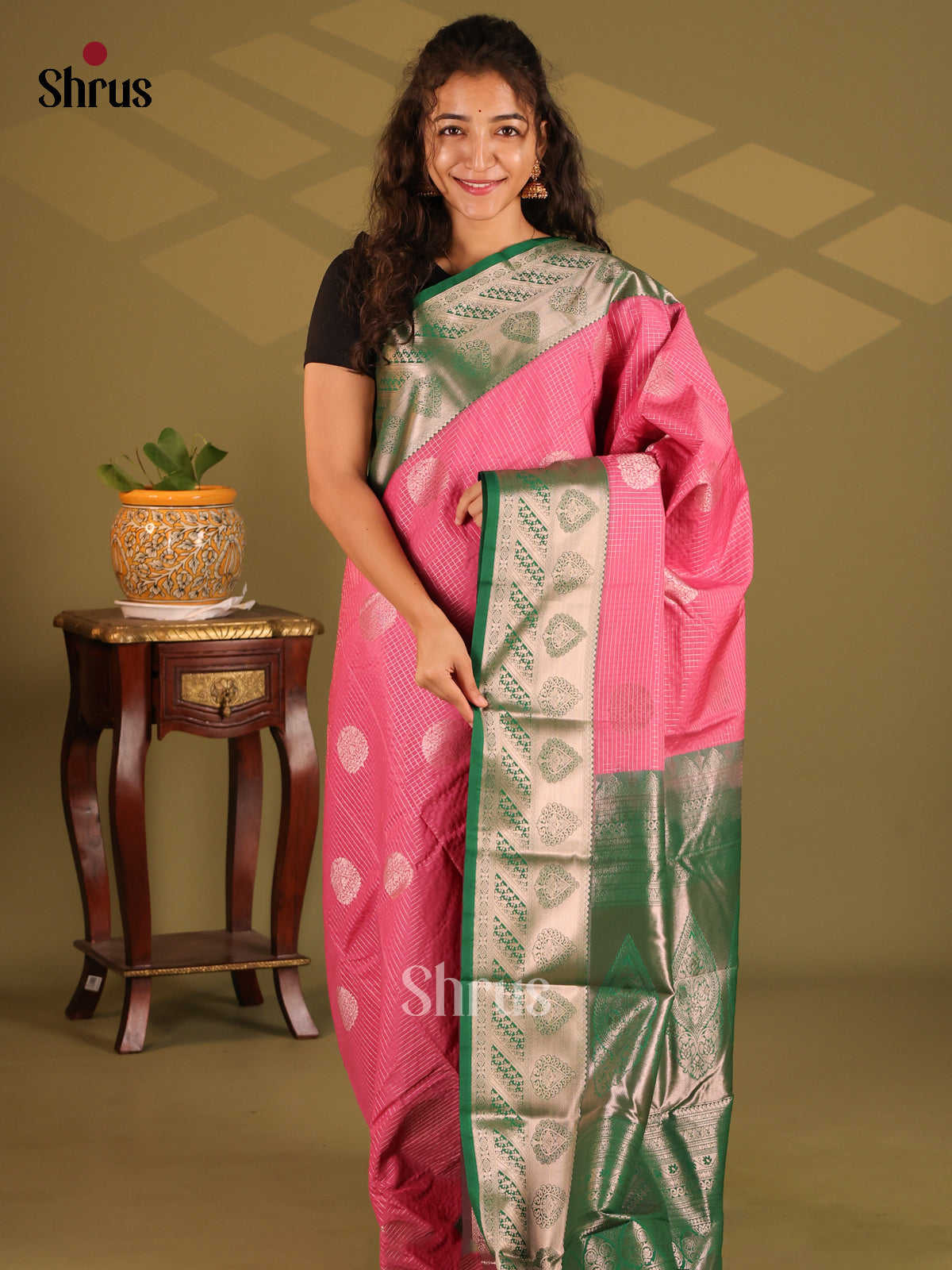 Pink with Green - Semi Kanchipuram Saree - Shop on Shrus.com