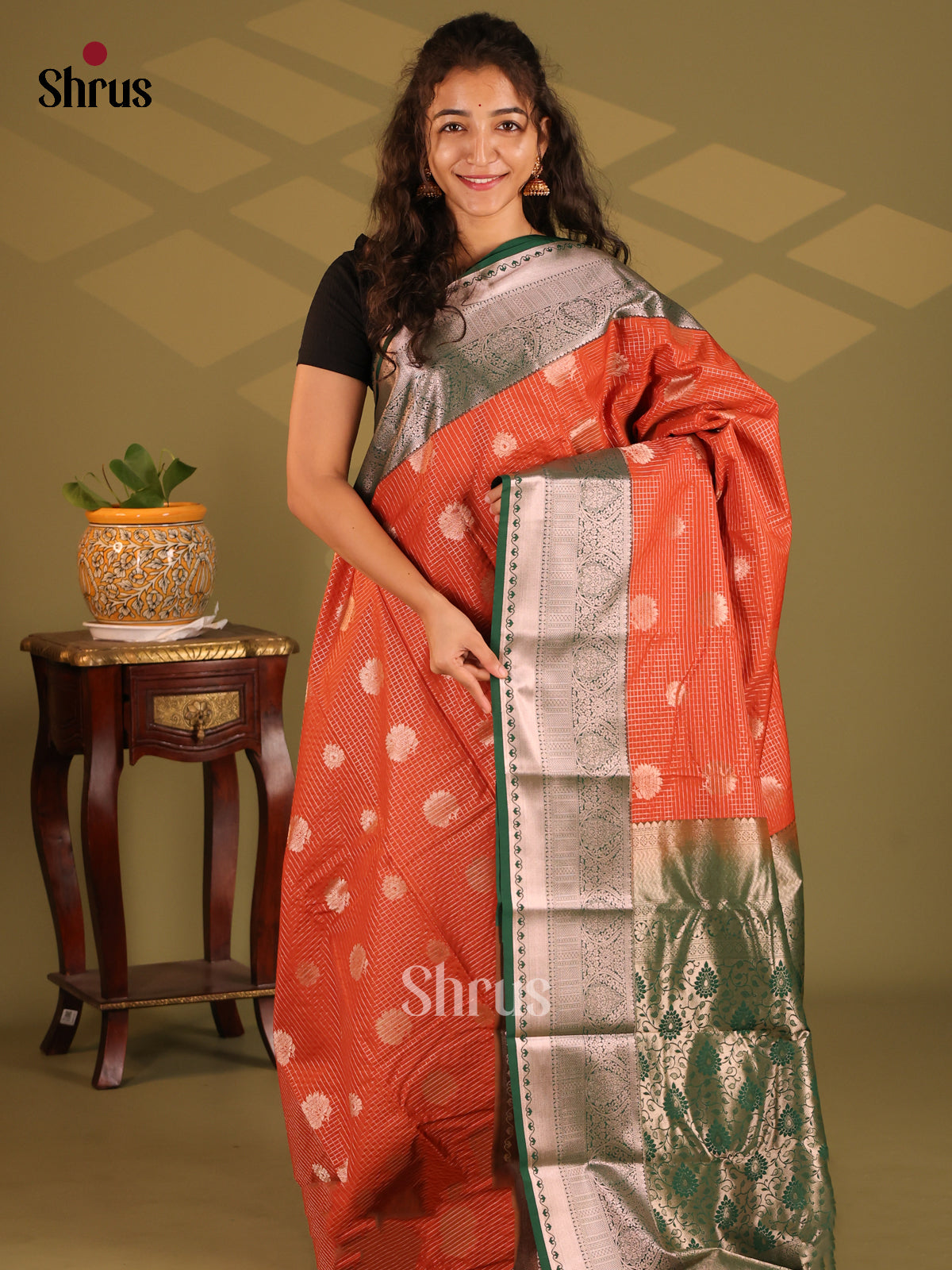 Brick Orange with Green - Semi Kanchipuram Saree - Shop on Shrus.com