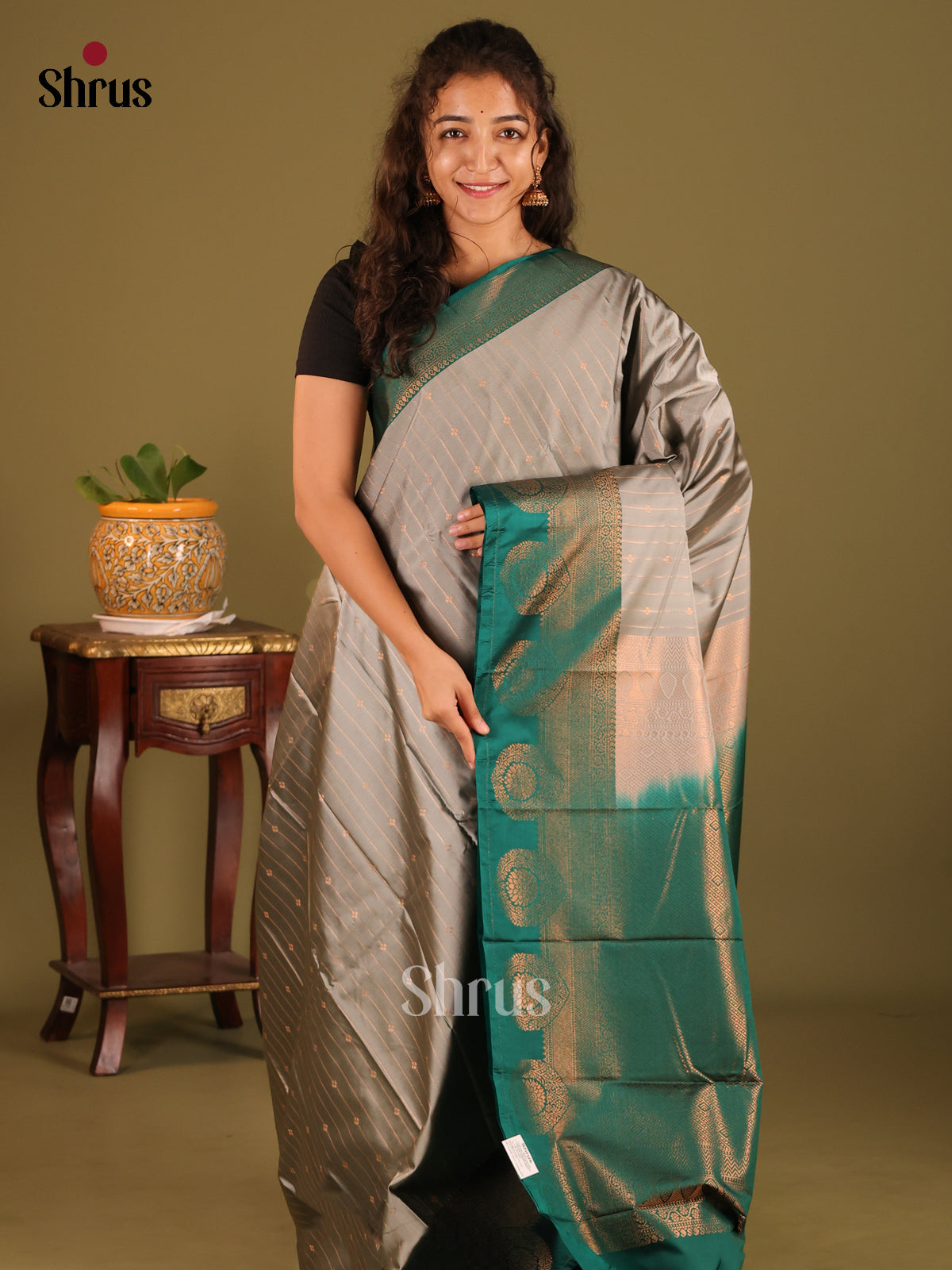 Grey & Green- Semi Kanchipuram Saree - Shop on Shrus.com