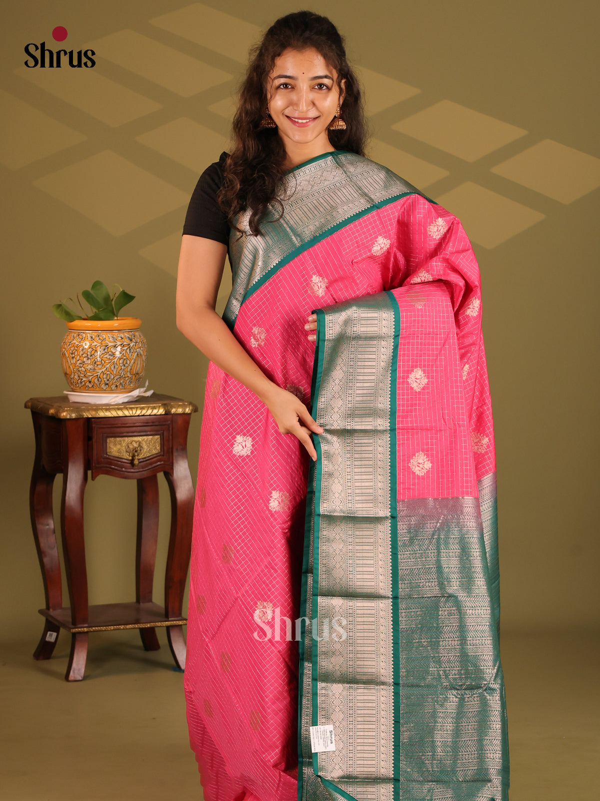 Pink & Green- Semi Kanchipuram Saree - Shop on Shrus.com