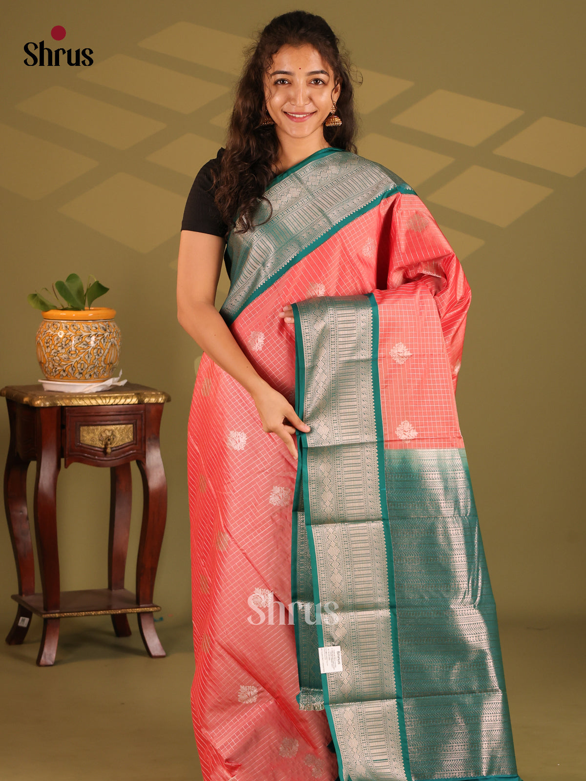 Peach & Green- Semi Kanchipuram Saree - Shop on Shrus.com