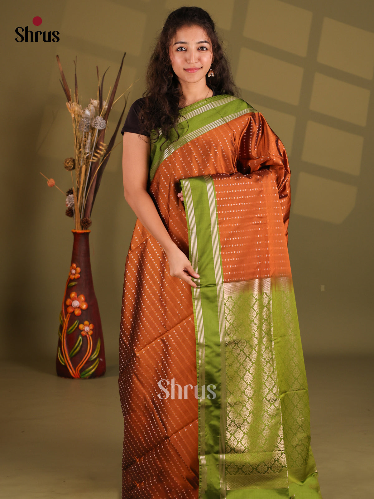 Rust & Green- Semi Softsilk Saree - Shop on Shrus.com