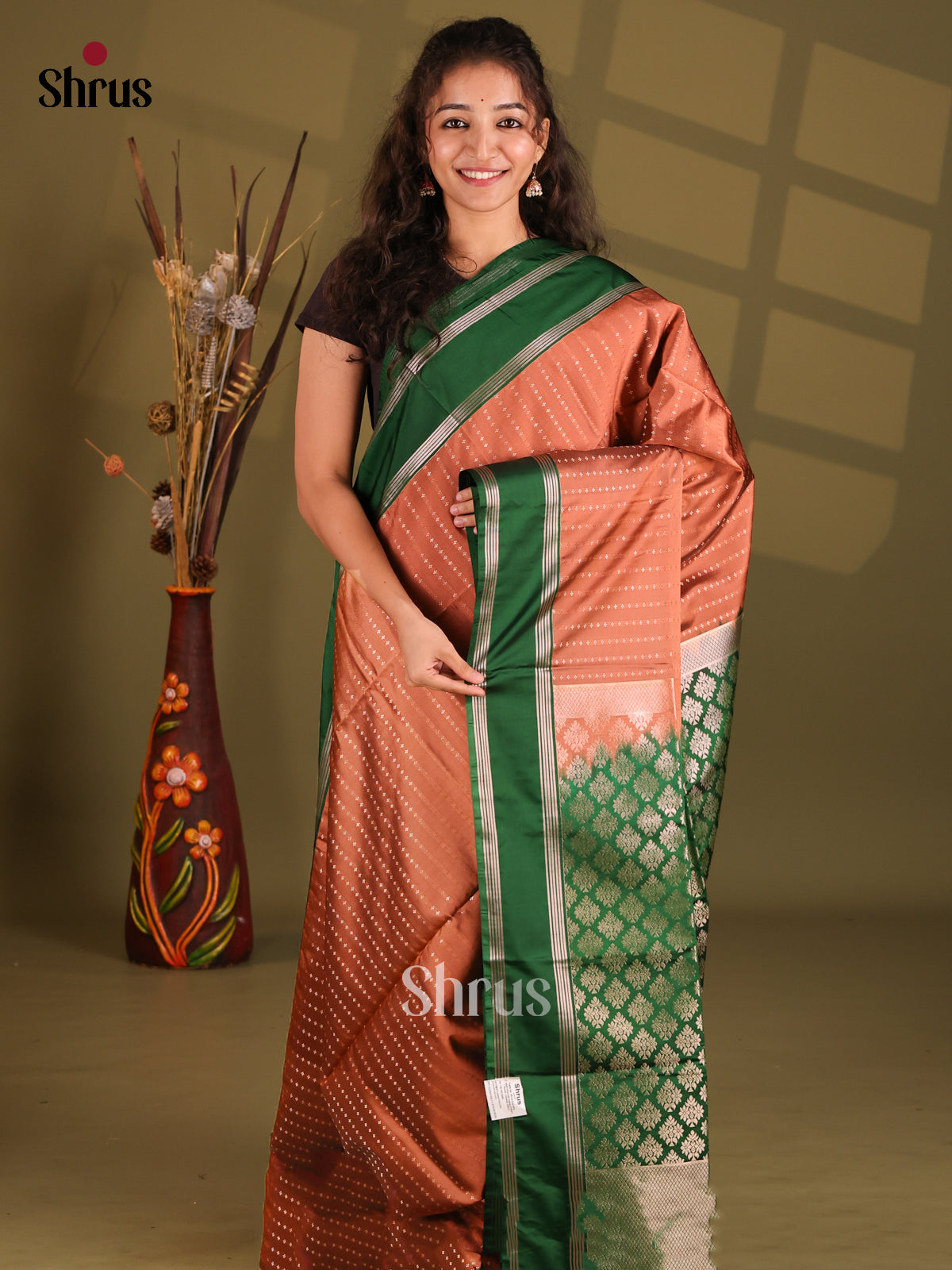 Onion Peel & Green- Semi Softsilk Saree - Shop on Shrus.com