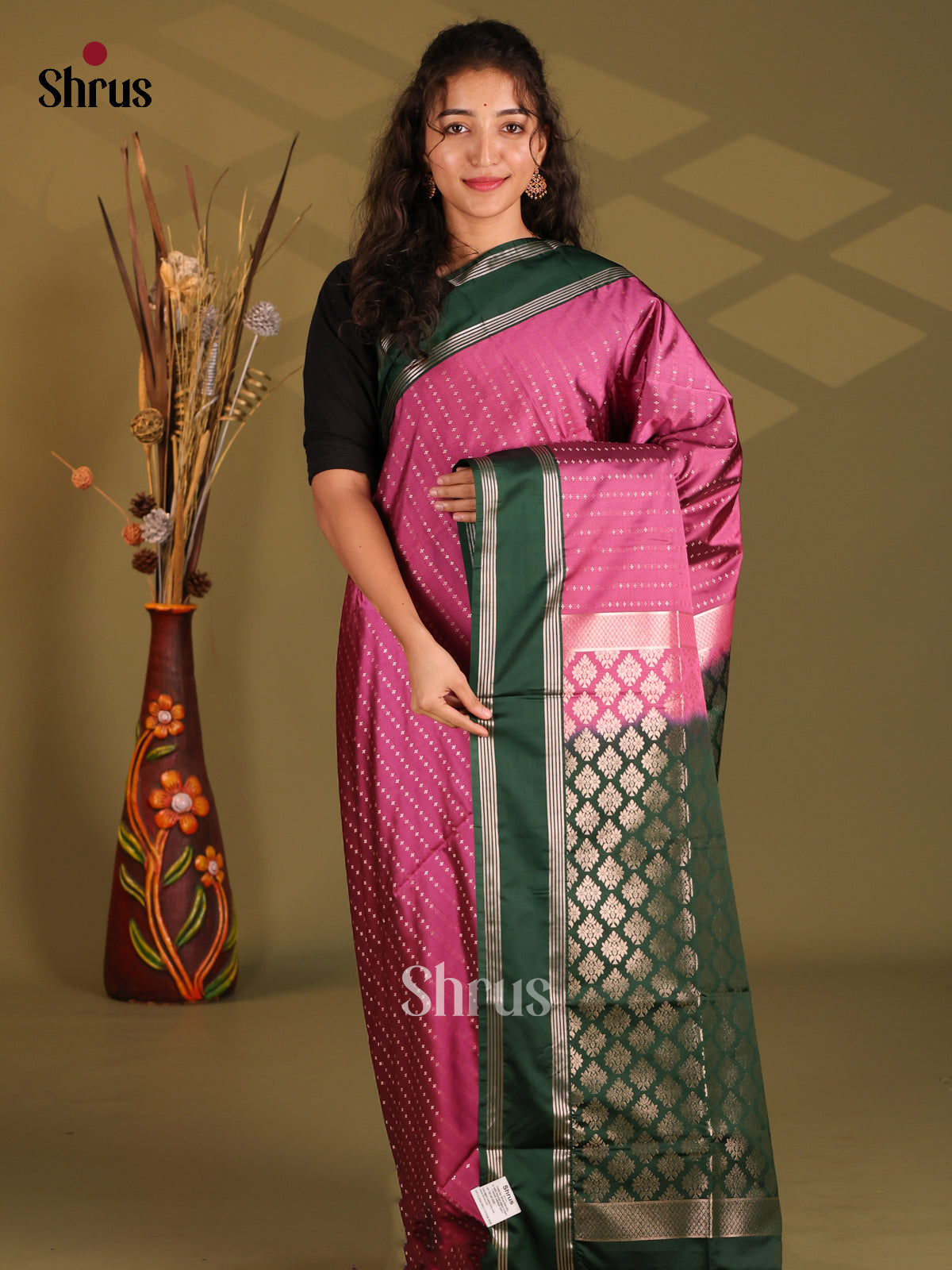 Majenta & Green - Semi Softsilk Saree - Shop on Shrus.com