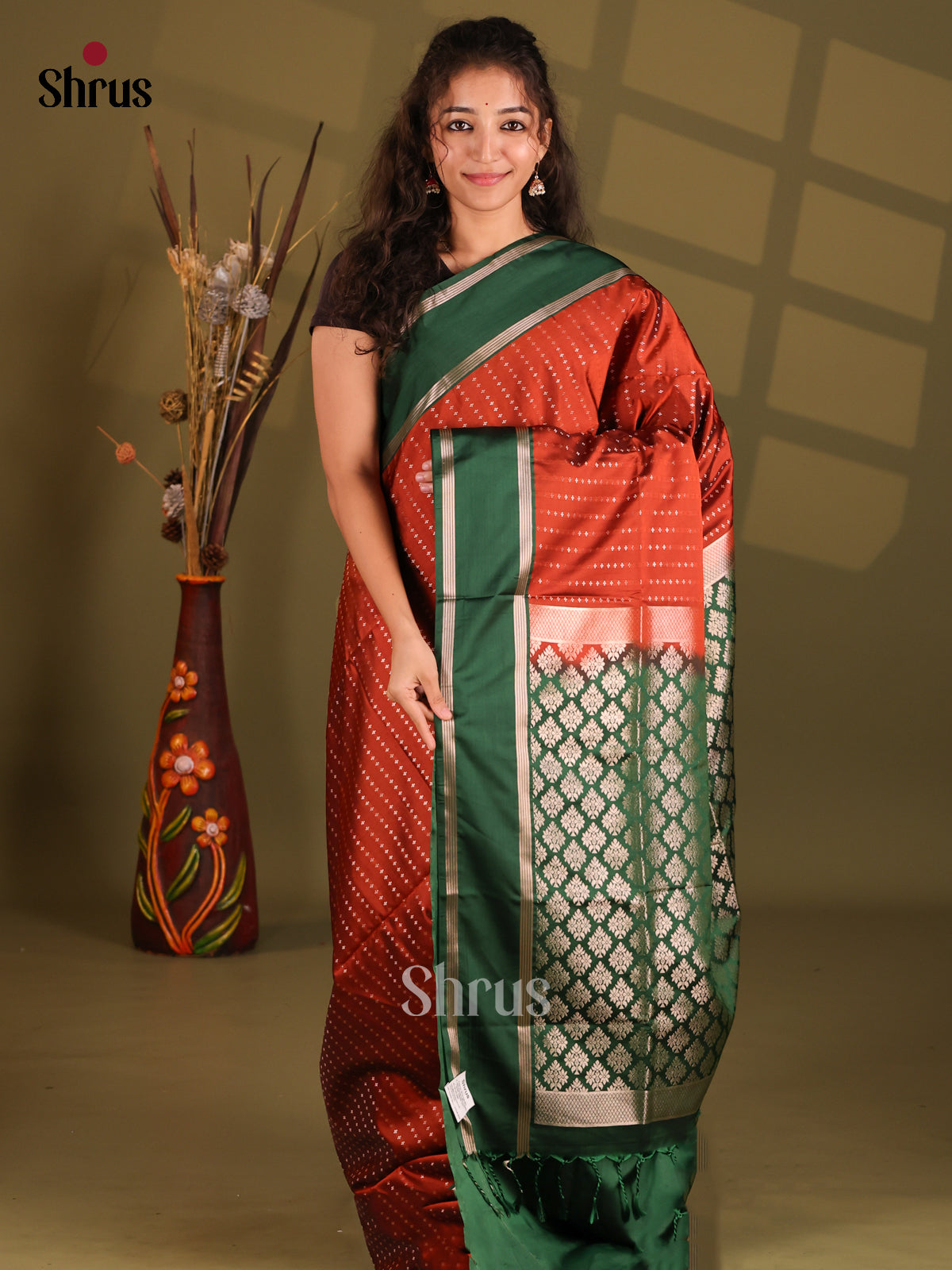 Rust & Green - Semi Softsilk Saree - Shop on Shrus.com