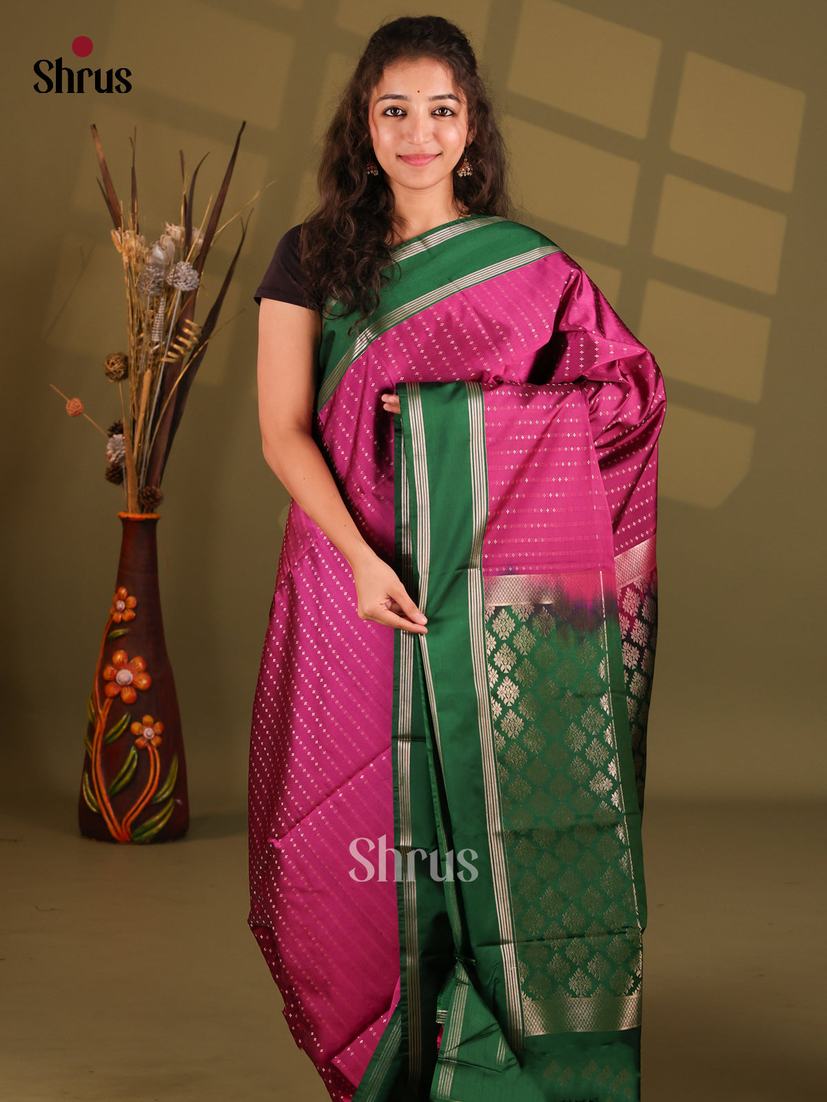 Purple & Green - Semi Softsilk Saree - Shop on Shrus.com