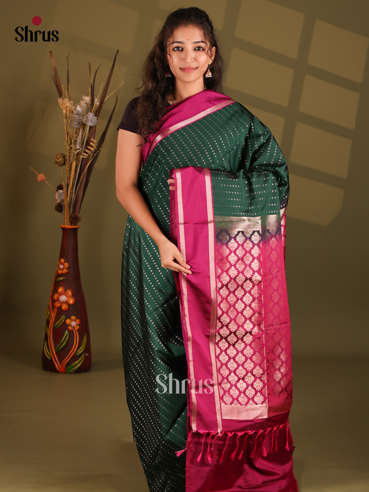Green & Maroon - Semi Softsilk Saree - Shop on Shrus.com