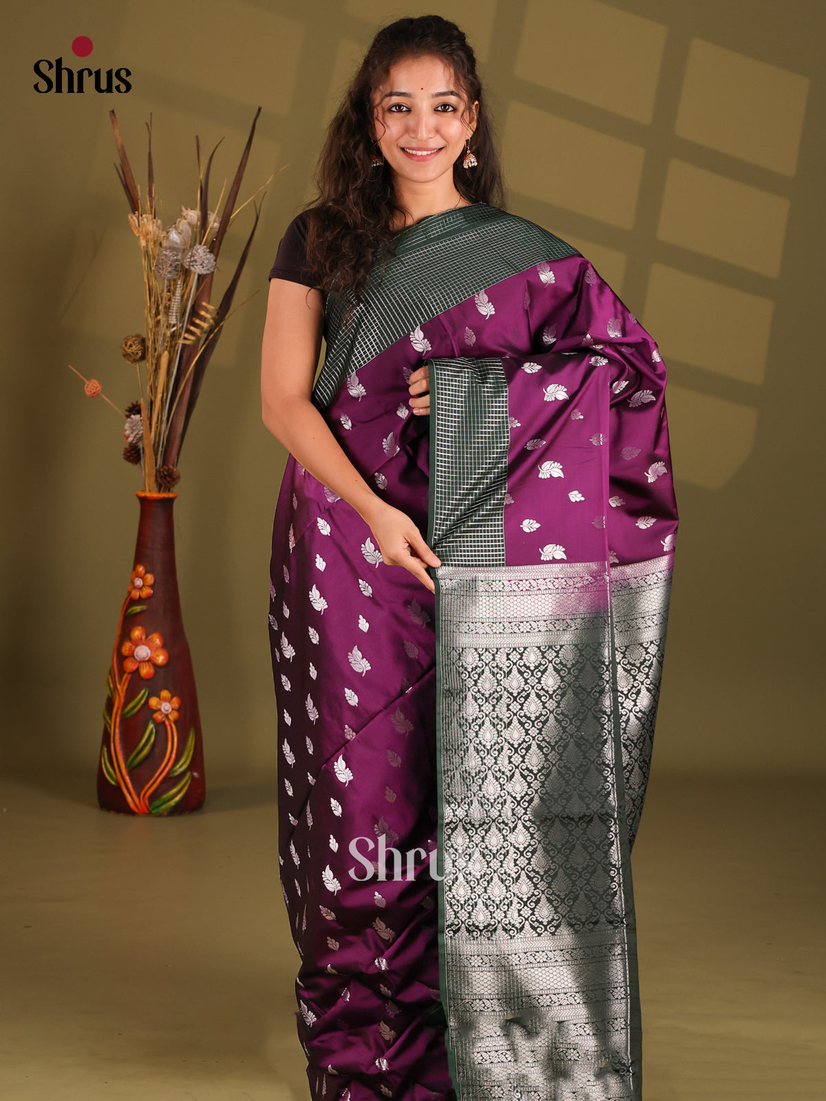 Violet & Dark Green - Semi Softsilk Saree - Shop on Shrus.com