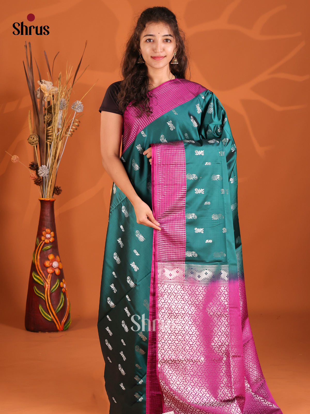 Peacock Green & Purple- Semi Softsilk Saree - Shop on Shrus.com