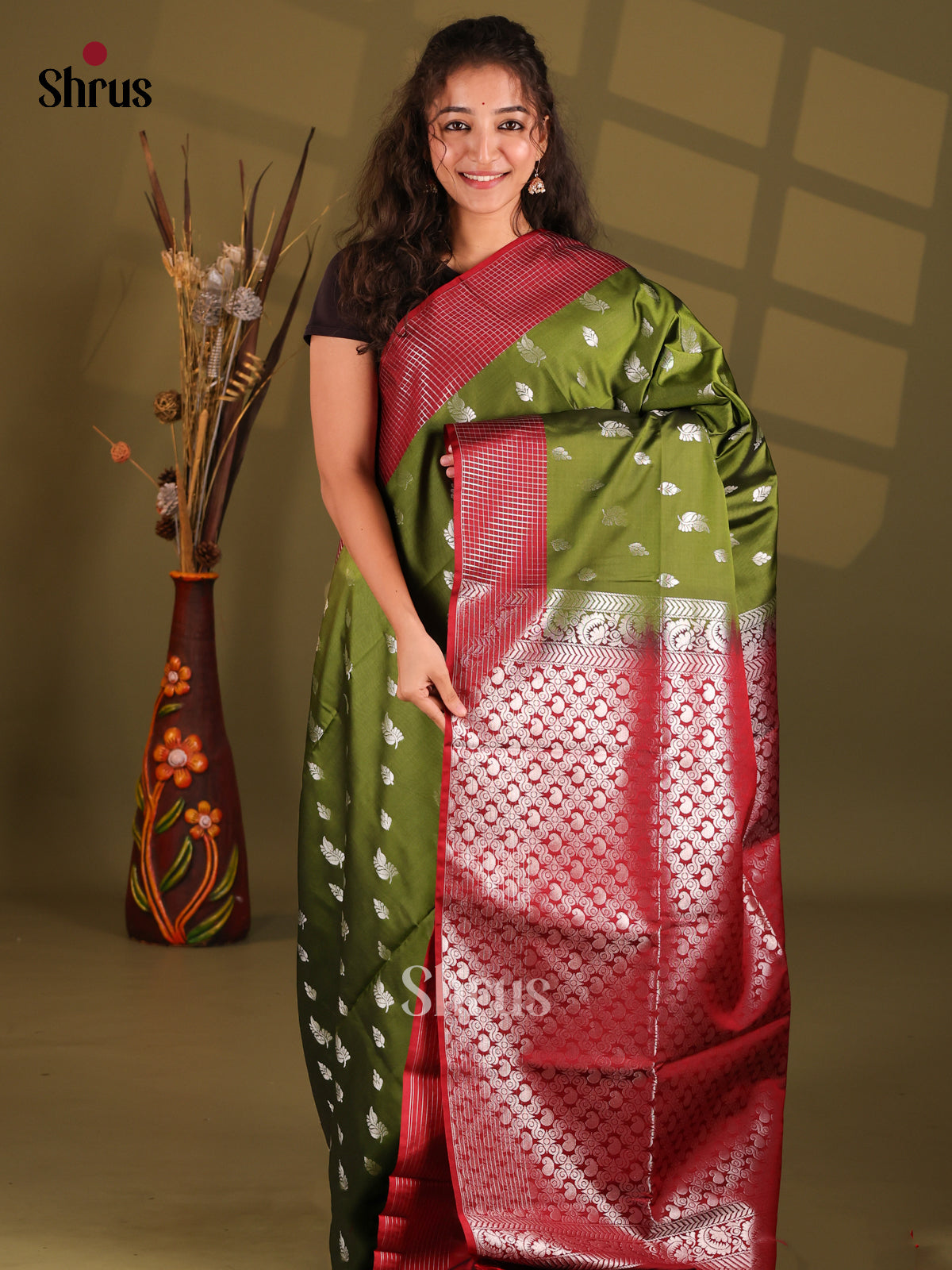 Green & Maroon- Semi Softsilk Saree - Shop on Shrus.com