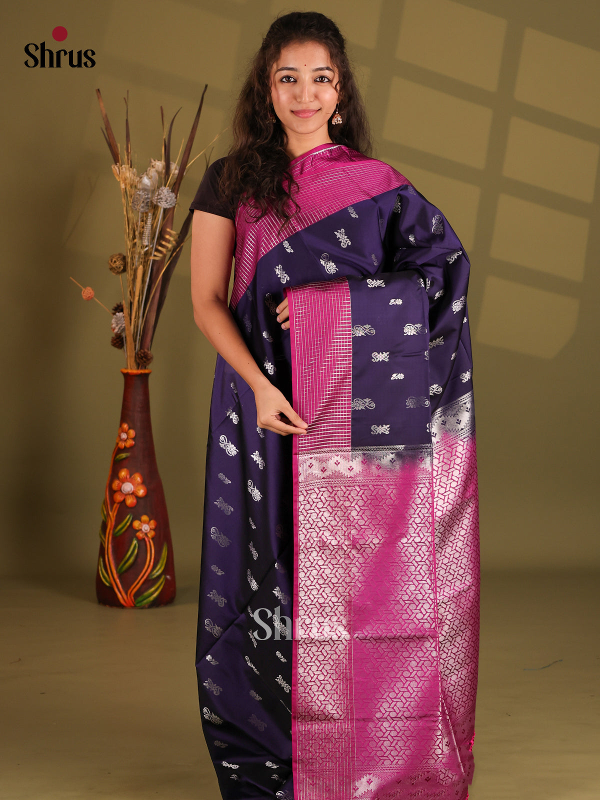 Blue & Purple - Semi Softsilk Saree - Shop on Shrus.com