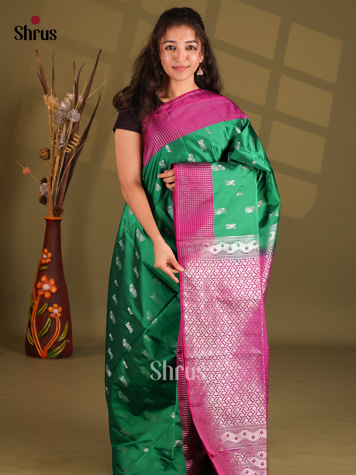Green & Purple- Semi Softsilk Saree - Shop on Shrus.com