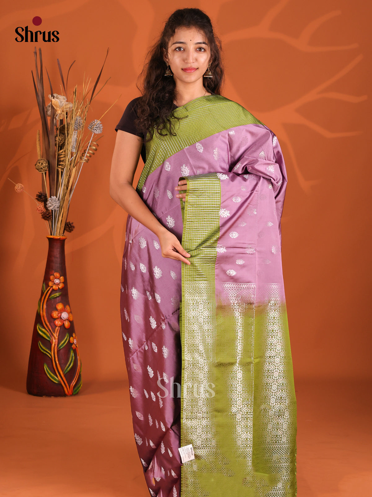 Lavender & Green - Semi Softsilk Saree - Shop on Shrus.com