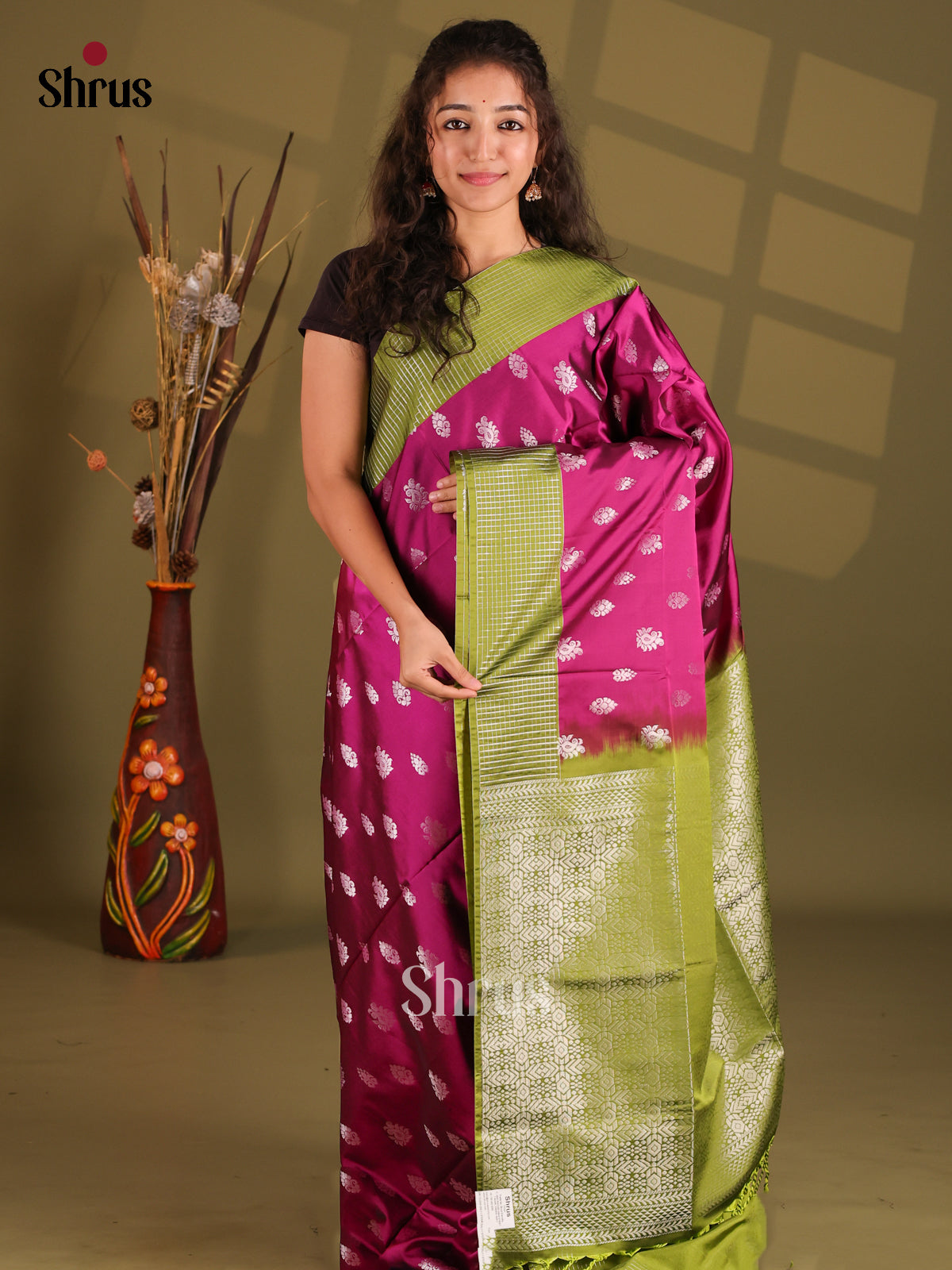 Majenta & Green - Semi Softsilk Saree - Shop on Shrus.com