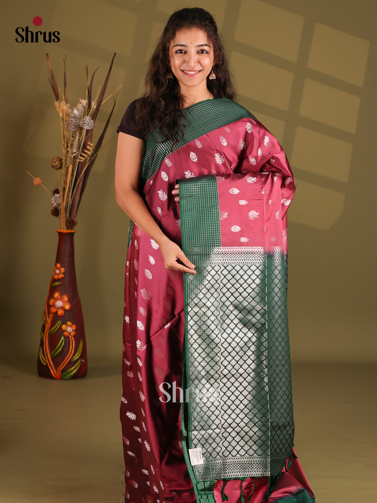 Maroon & Green - Semi Softsilk Saree - Shop on Shrus.com