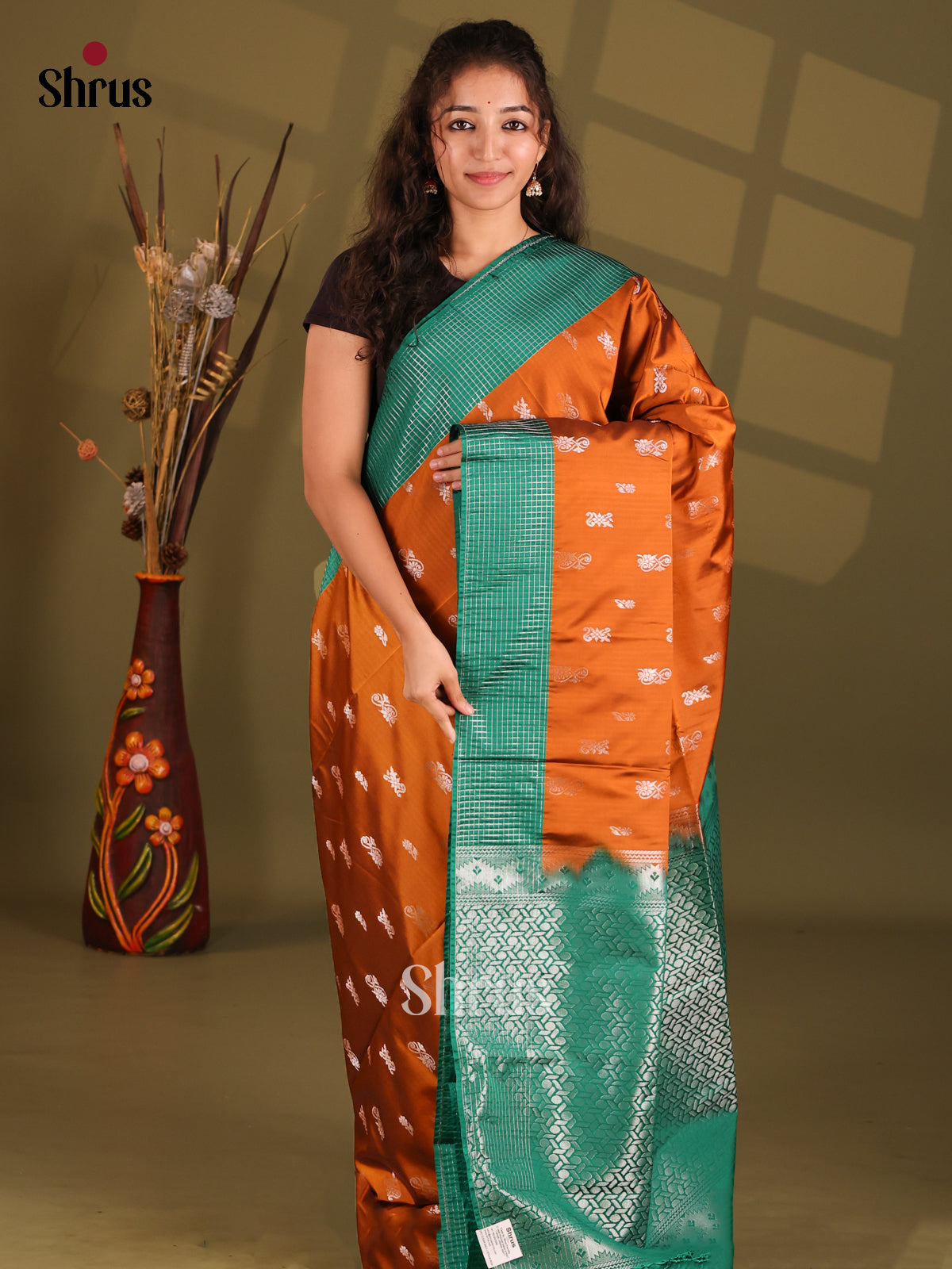 Brick & Green - Semi Softsilk Saree - Shop on Shrus.com