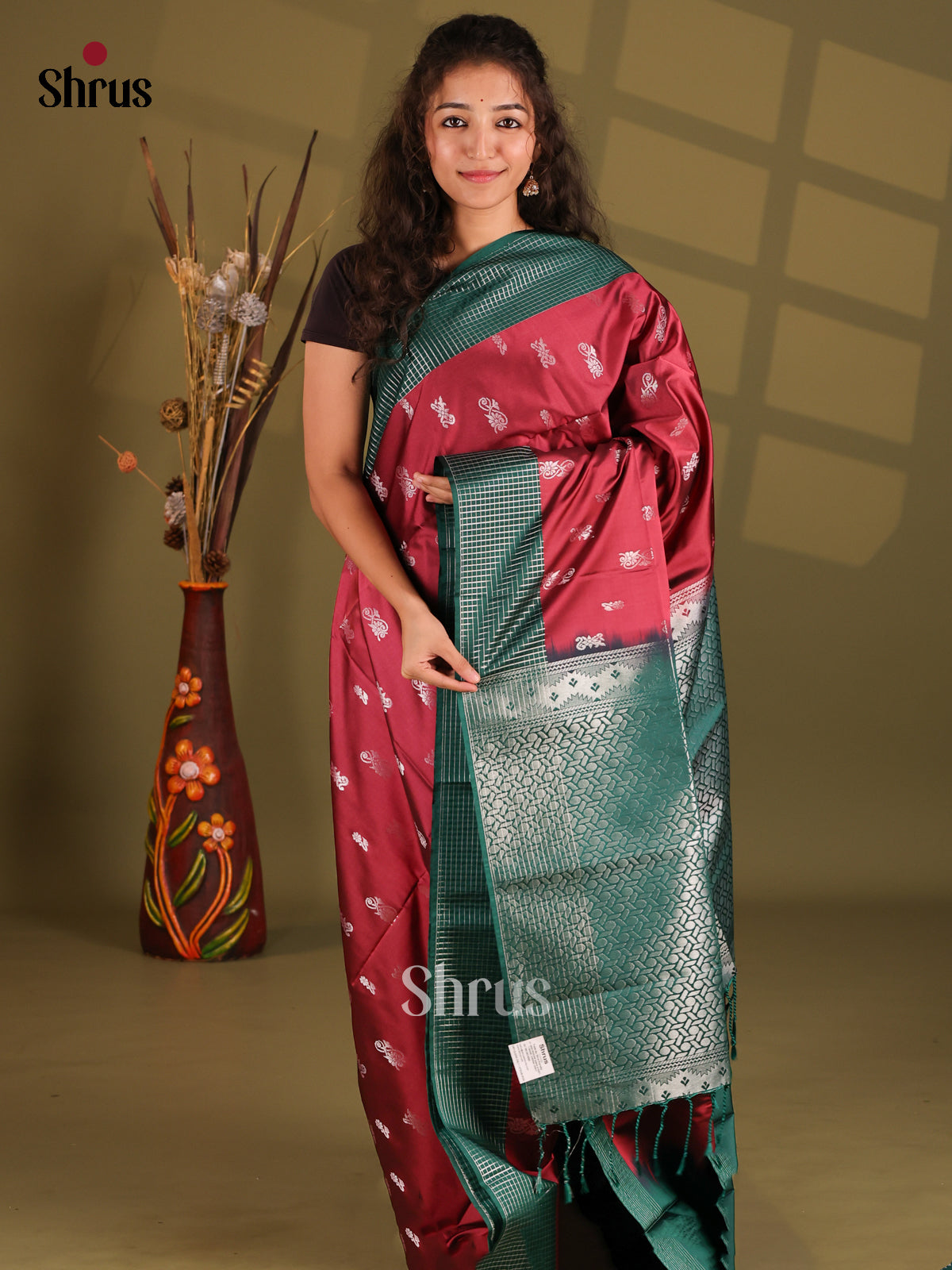 Maroon & Green - Semi Softsilk Saree - Shop on Shrus.com