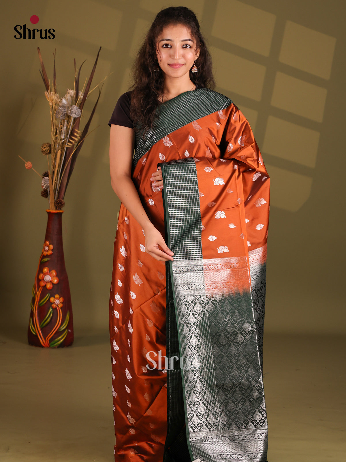 Brick & Green - Semi Softsilk Saree - Shop on Shrus.com