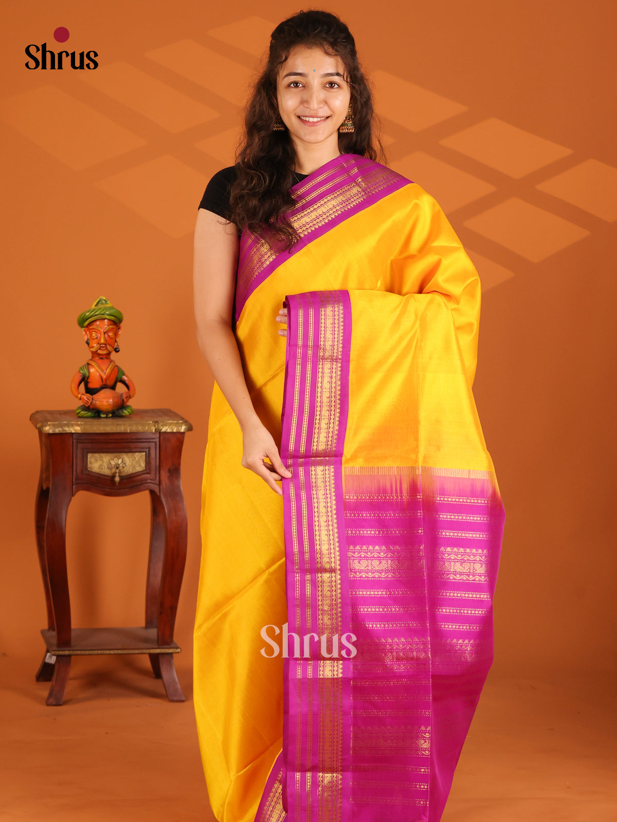 Bold Yellow Silk Cotton Saree with plain body & Majenta zari pallu - Shop on Shrus.com
