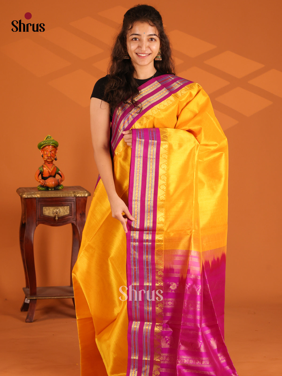 Glorious Yellow Silk Cotton Saree with gold & silver zari - Shop on Shrus.com