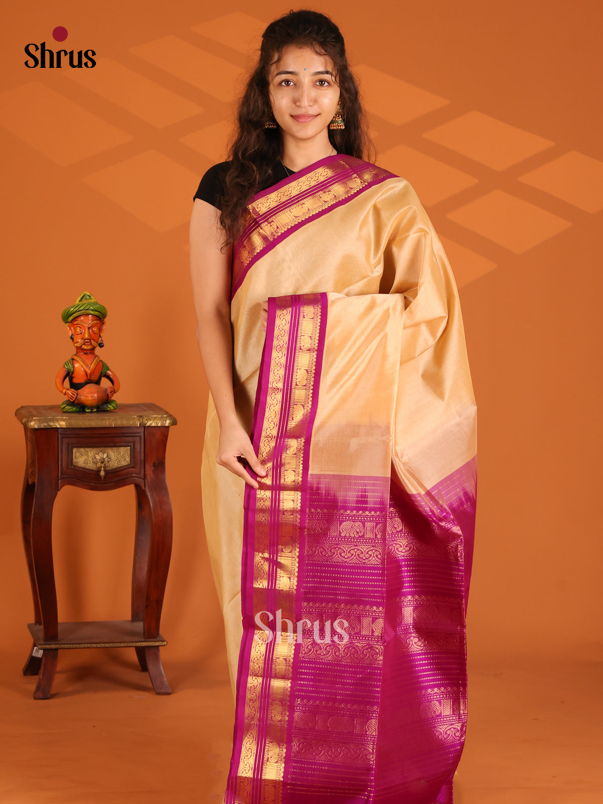 Gorgeous Sandal Silk Cotton Saree with contrast Purple zari border - Shop on Shrus.com