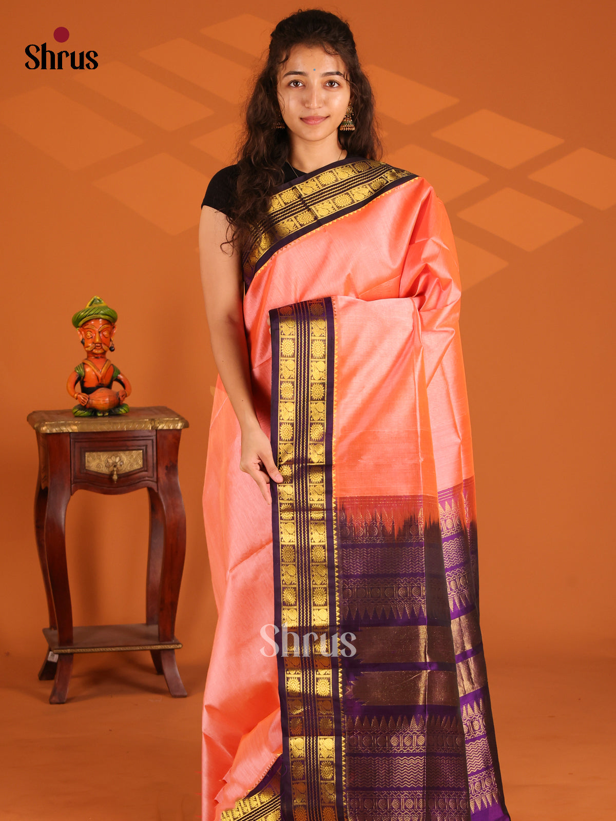 Stunning Peach Silk Cotton Saree with violet border adorned with peacock & floral buttas - Shop on Shrus.com