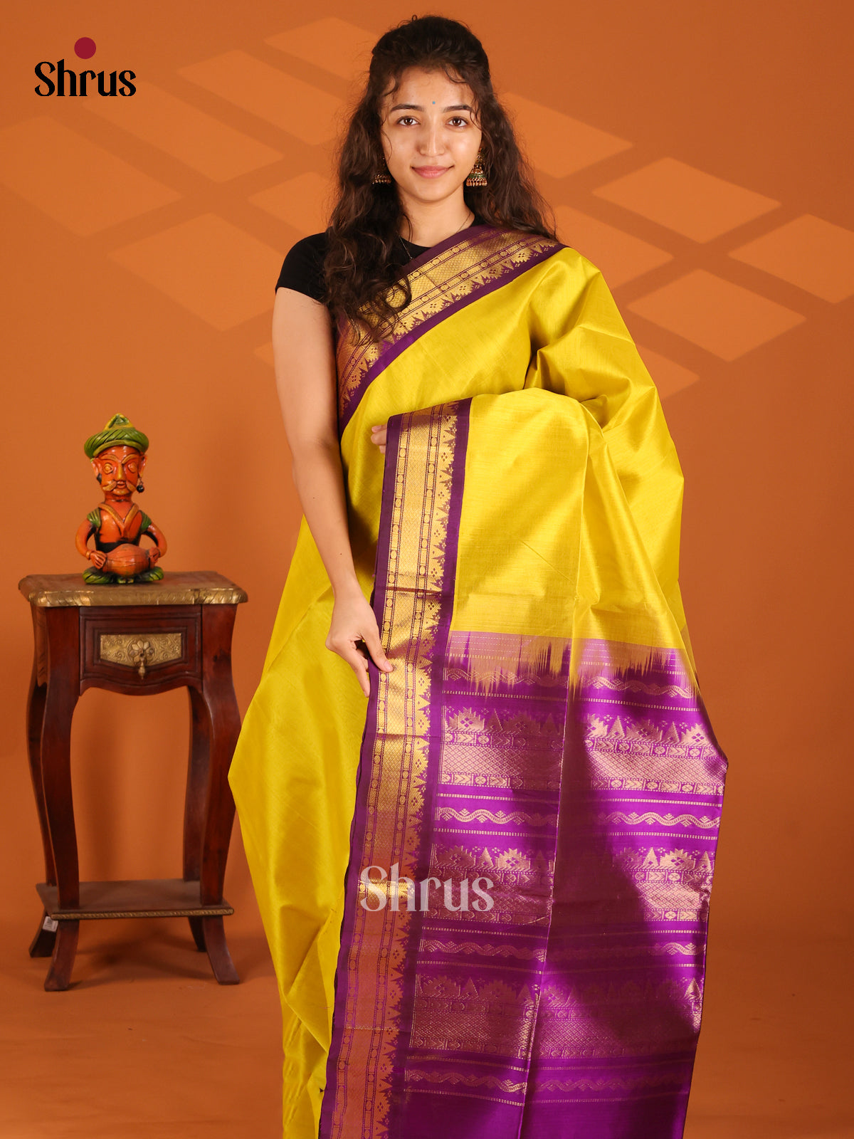 Bright Yellow Silk Cotton Saree with plain body & Violet zari border - Shop on Shrus.com