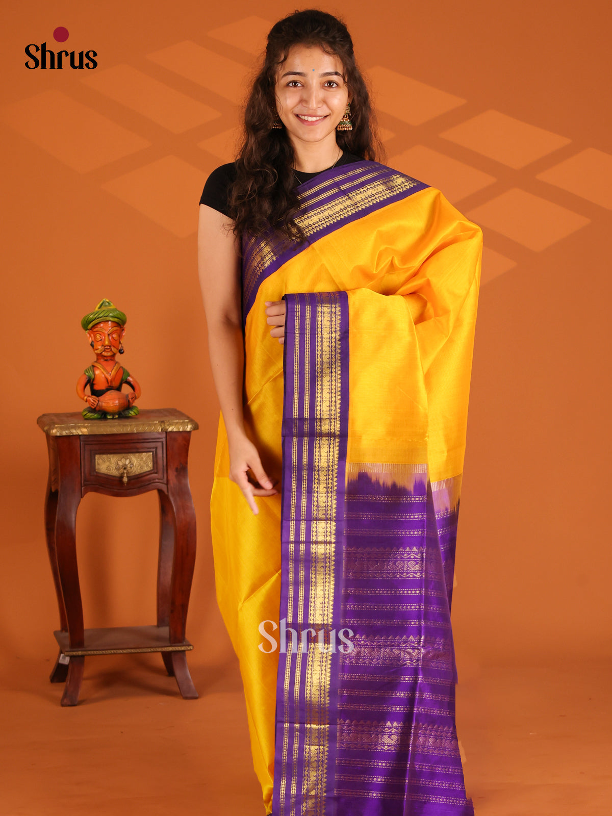 Glorious Yellow Silk Cotton Saree with contrast violet zari border - Shop on Shrus.com