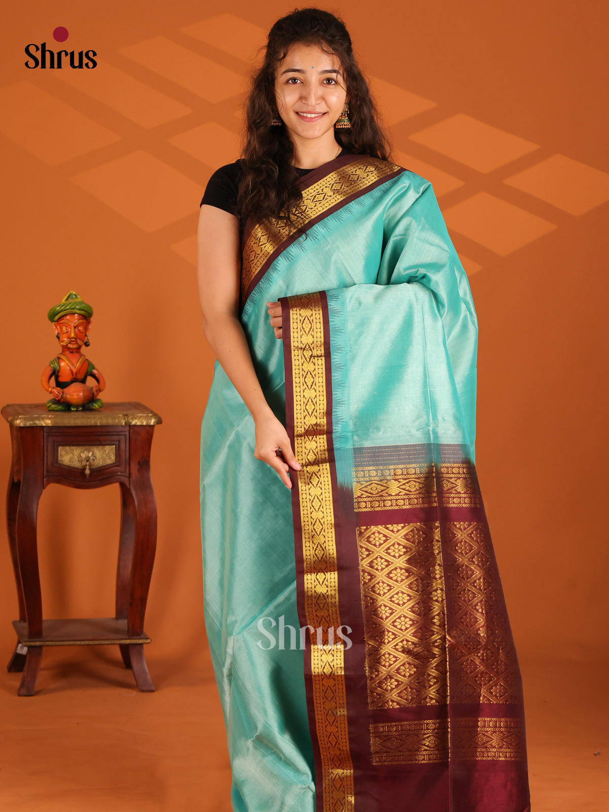 Exquisite Pastel Blue Silk Cotton Saree with gold zari floral brocade pallu - Shop on Shrus.com