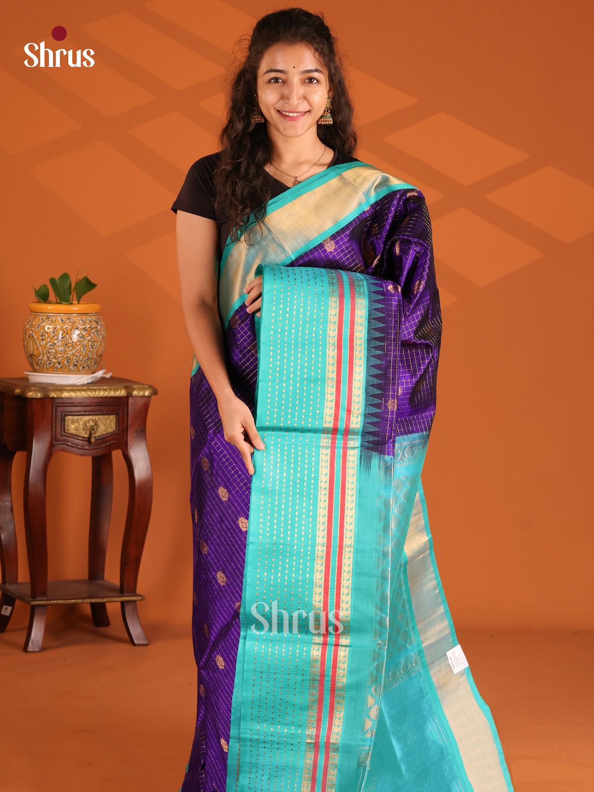 Dazzling Violet Silk Cotton Saree with zari checks, buttas , Teal brocade pallu - Shop on Shrus.com