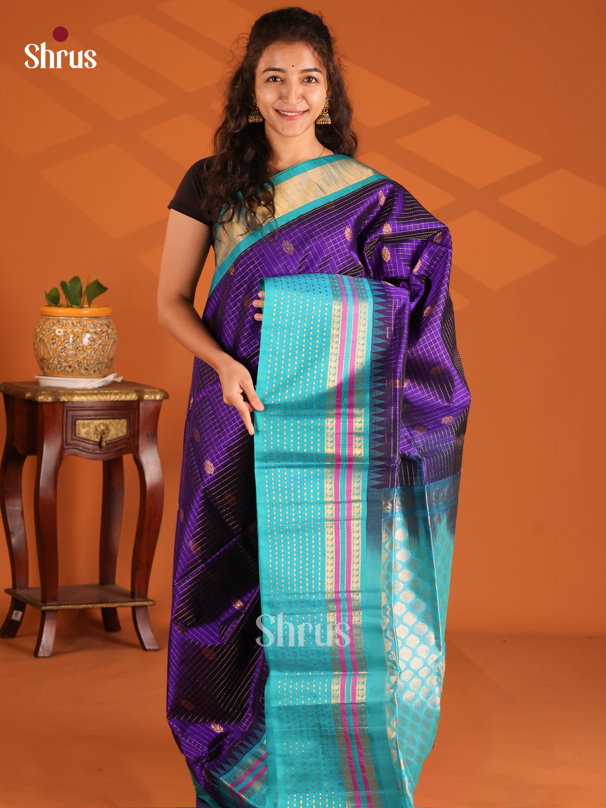 Vivacious Violet Silk Cotton Saree with zari checks, buttas , teal brocade pallu - Shop on Shrus.com