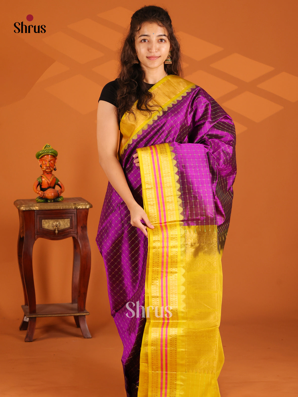 Lustrous Purple Silk Cotton Saree with zari kattam & mustard zari border - Shop on Shrus.com