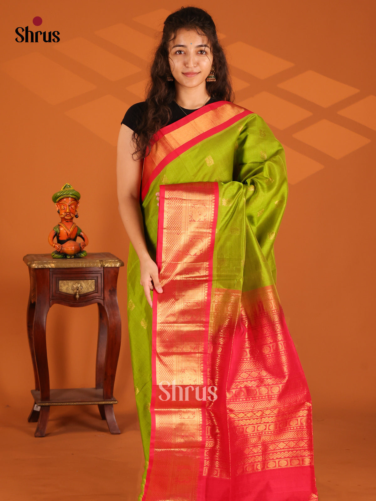 Serene Parrot Green Silk Cotton Saree with gold zari peacock buttas & brocade pallu - Shop on Shrus.com