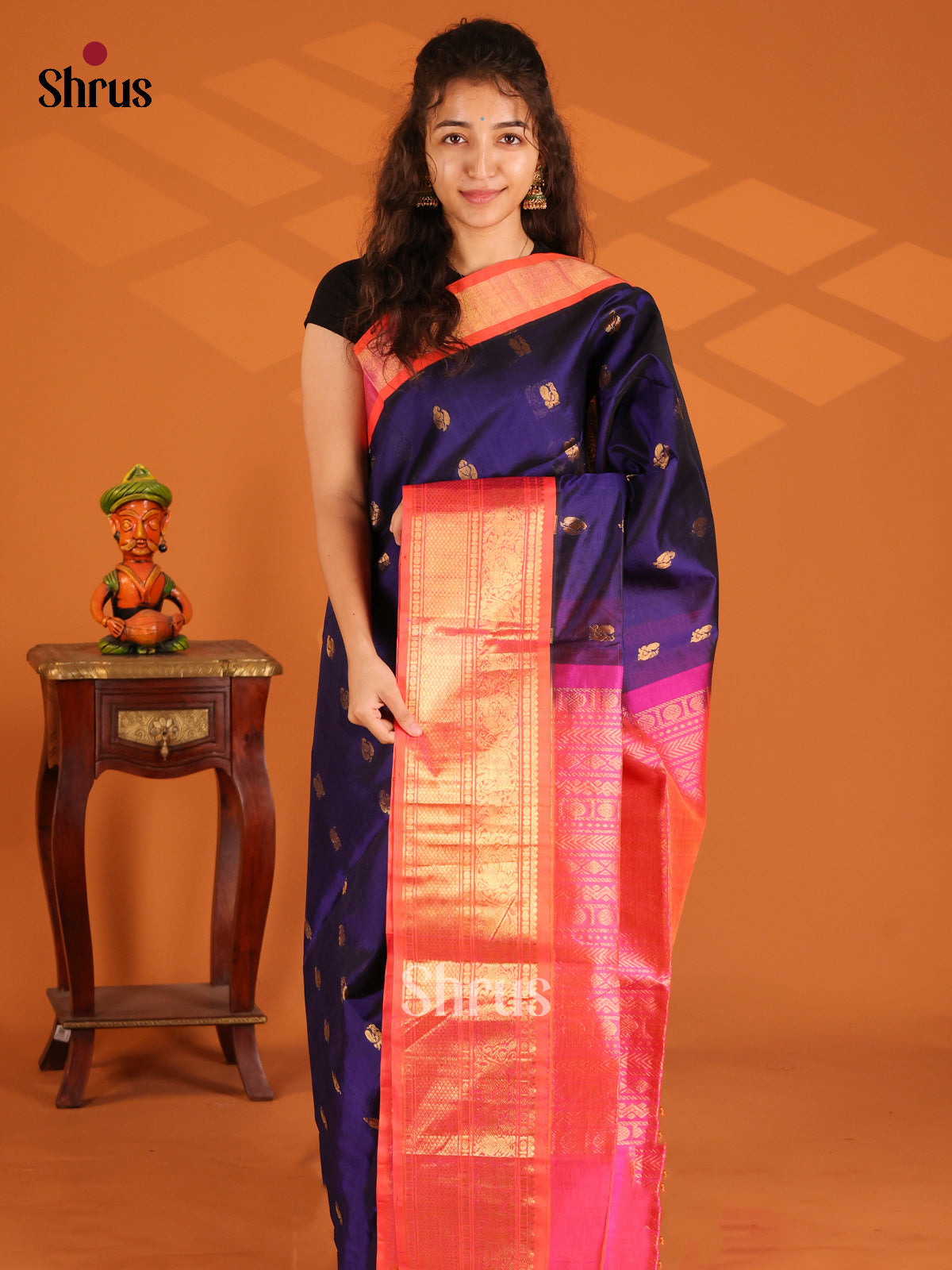 Vibrant Blue Silk Cotton Saree with zari peacock buttas & pink brocade pallu - Shop on Shrus.com