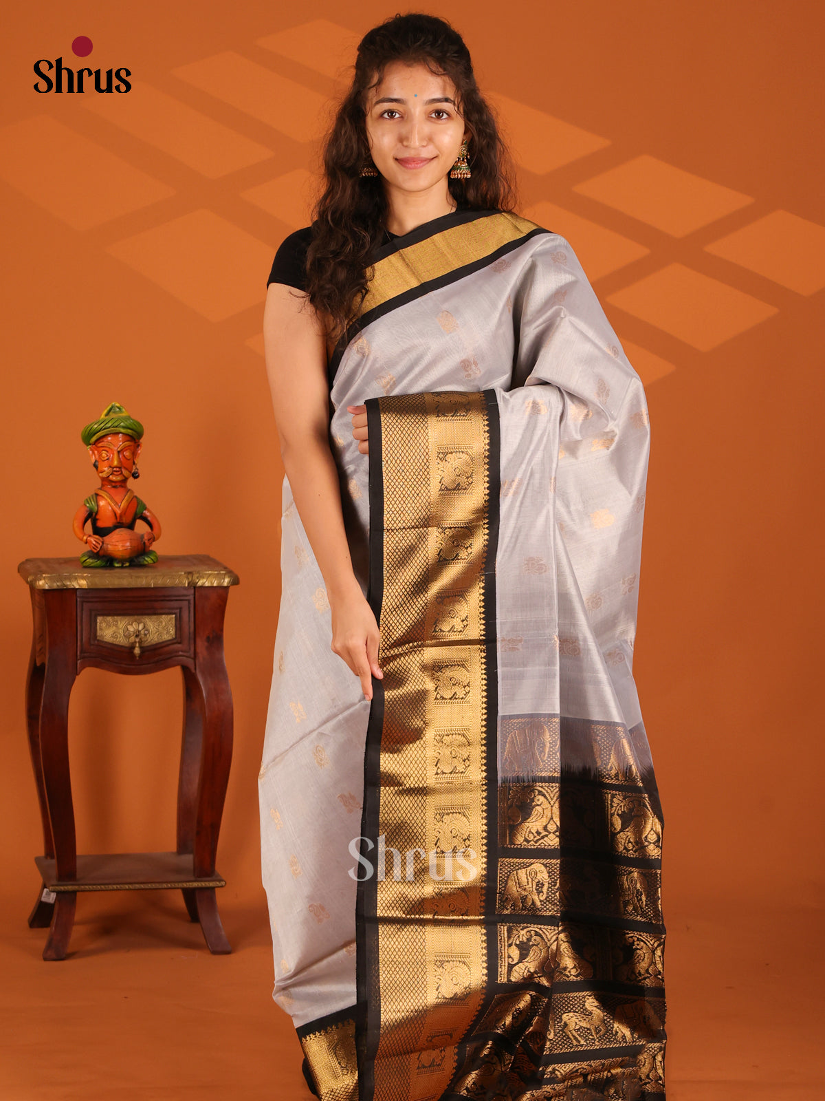 grey black korvai border silk cotton saree