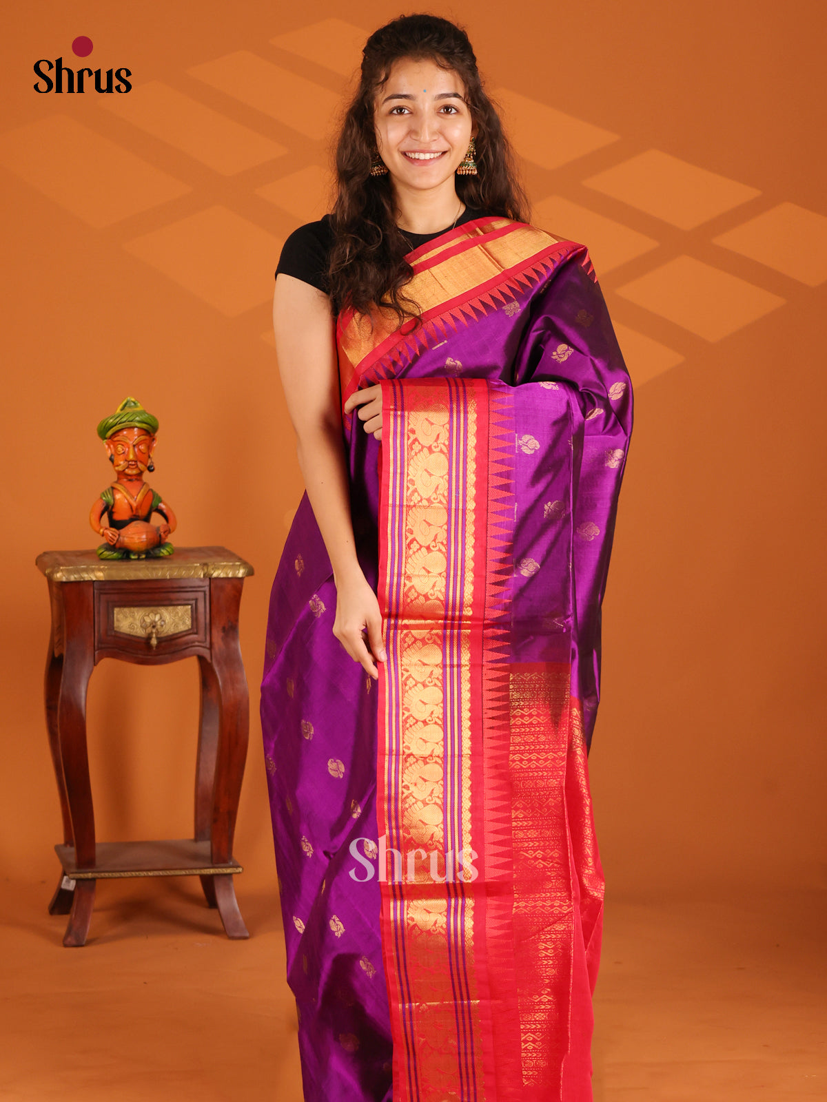 Ethereal Violet Silk Cotton Saree with gold zari peacock buttas , red zari brocade pallu - Shop on Shrus.com