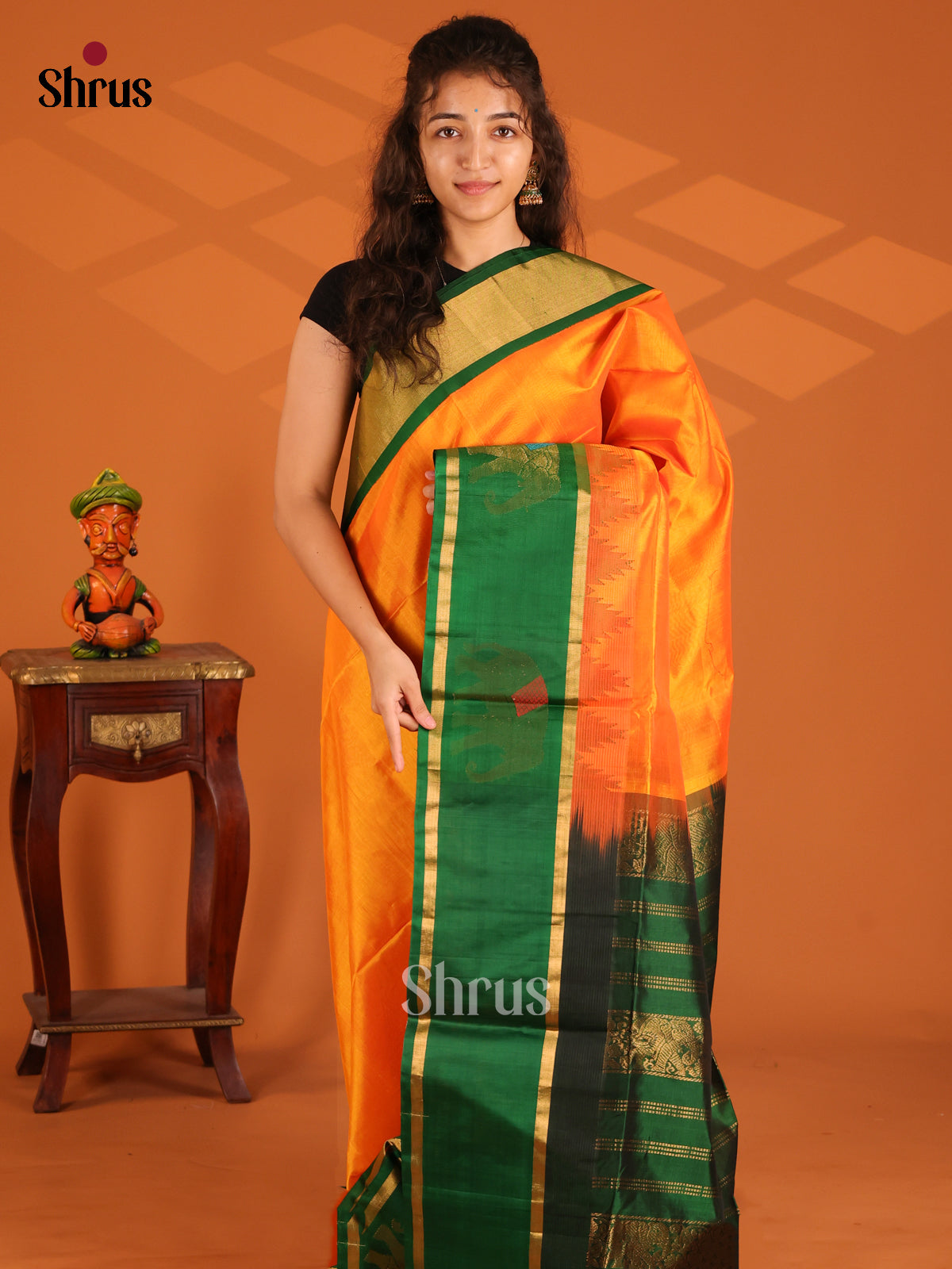 Glorious Mambala Yellow Silk Cotton Saree with zari elephant motifs in green border - Shop on Shrus.com