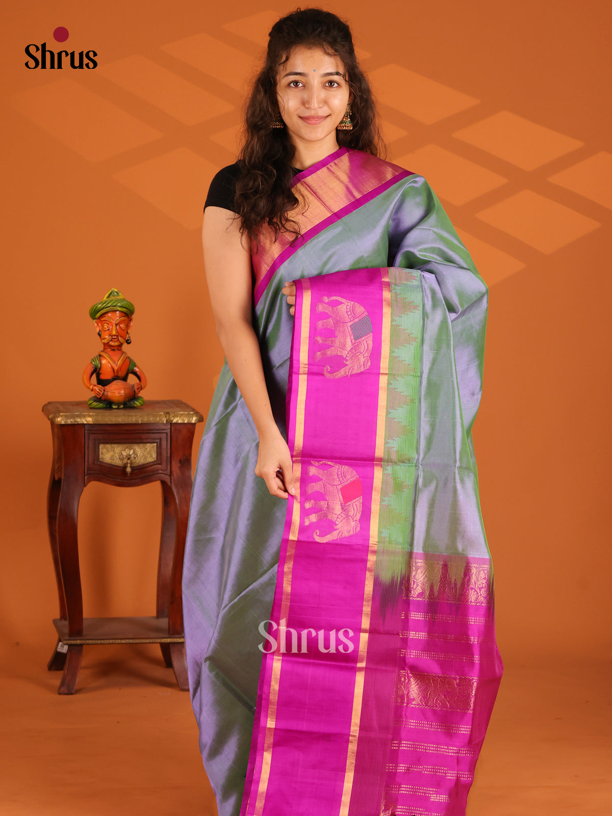 Charming Double Shaded Grey Silk Cotton Saree with elephant motifs in Majenta pink border - Shop on Shrus.com