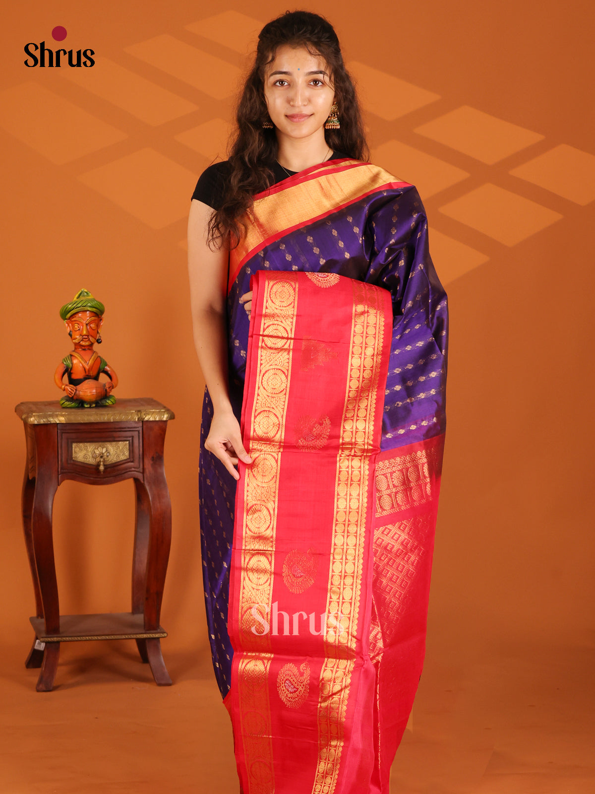 Regal Violet Silk Cotton Saree with gold zari buttas & red rettaipet border - Shop on Shrus.com