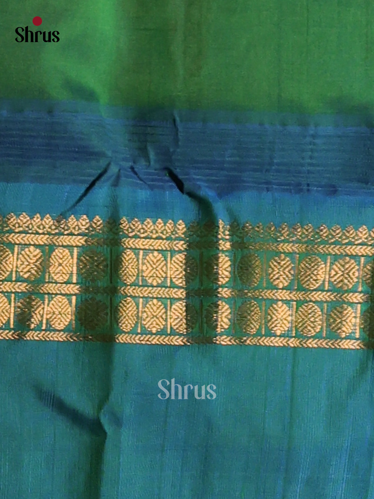 Stunning Peach Silk Cotton Saree with gold zari buttas & Blue rettaipet border -1