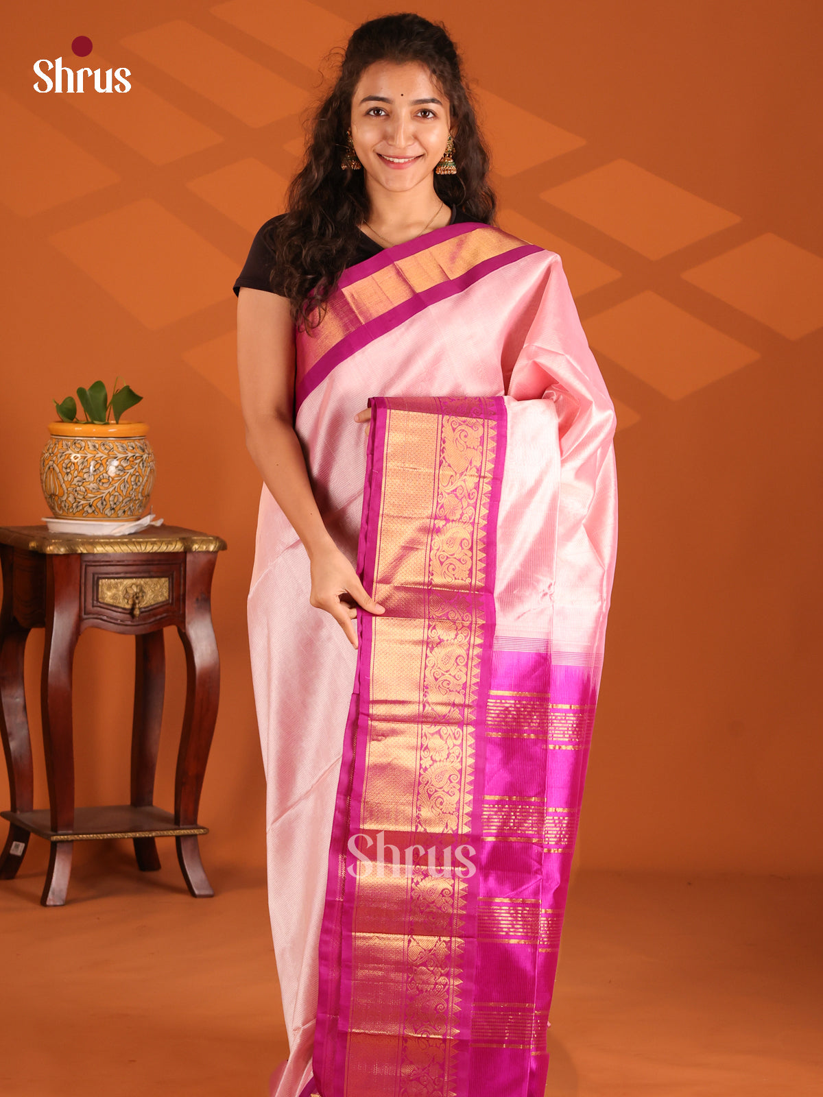 Sublime Baby Pink Silk Cotton Saree with gold zari peacock buttas in Majenta border - Shop on Shrus.com