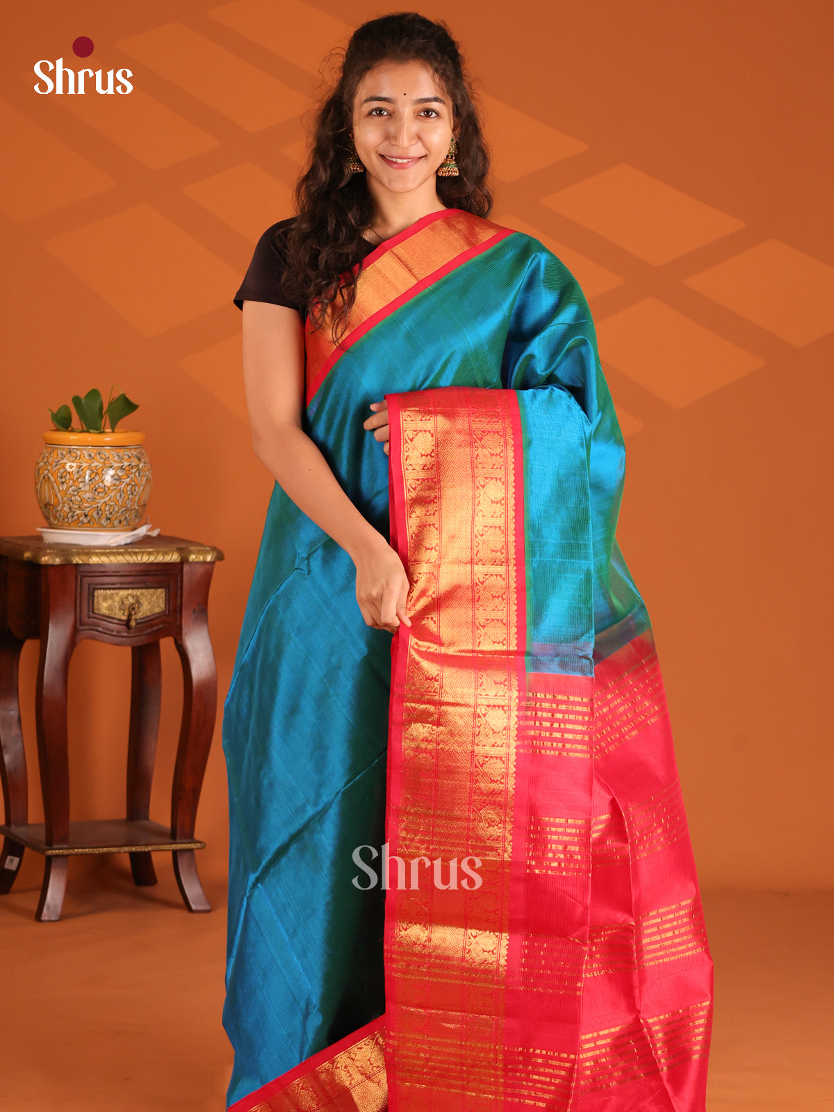 Royal Peacock Blue Korvai Silk Cotton Saree with contras Red zari striped pallu